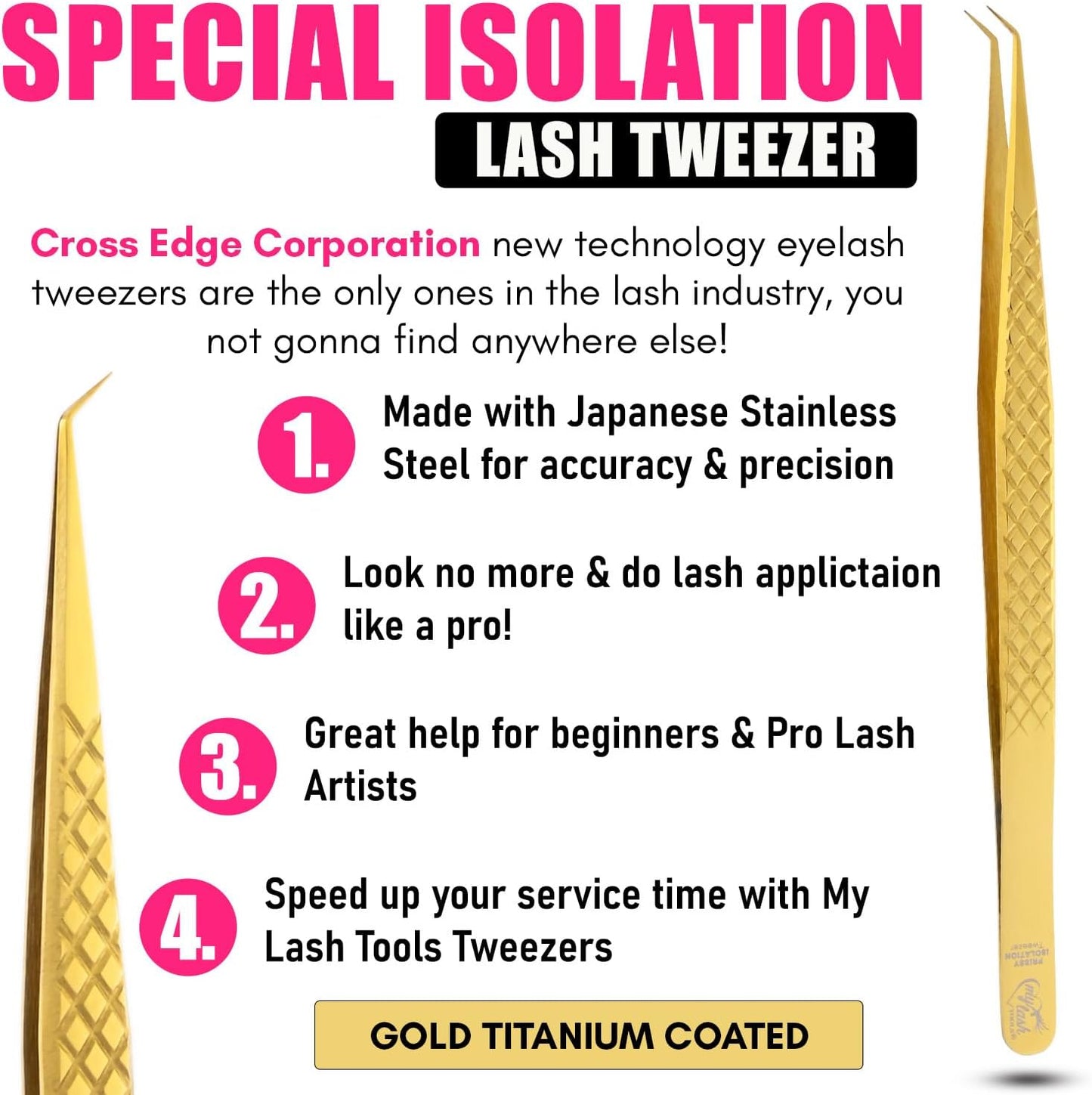 Curved Isolation Tweezers for Lash Extensions – Diamond Grip, Stainless Steel 14cm Best for Individual Isolation & Classic pinzas para pestaña (Gold titanium)