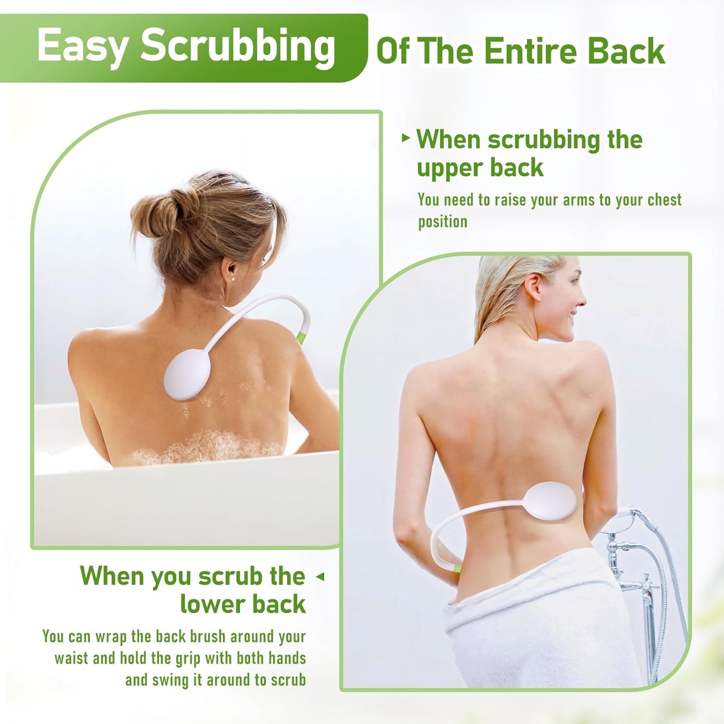 Fanwer 27.5” Back Bath Brush Long Handle for Shower and Silicone Body Scrubber, Shower Back Scrubber with Curved Handle for Elderly, Disabled, Limited Mobility, Post-Surgery, Frozen Shoulder