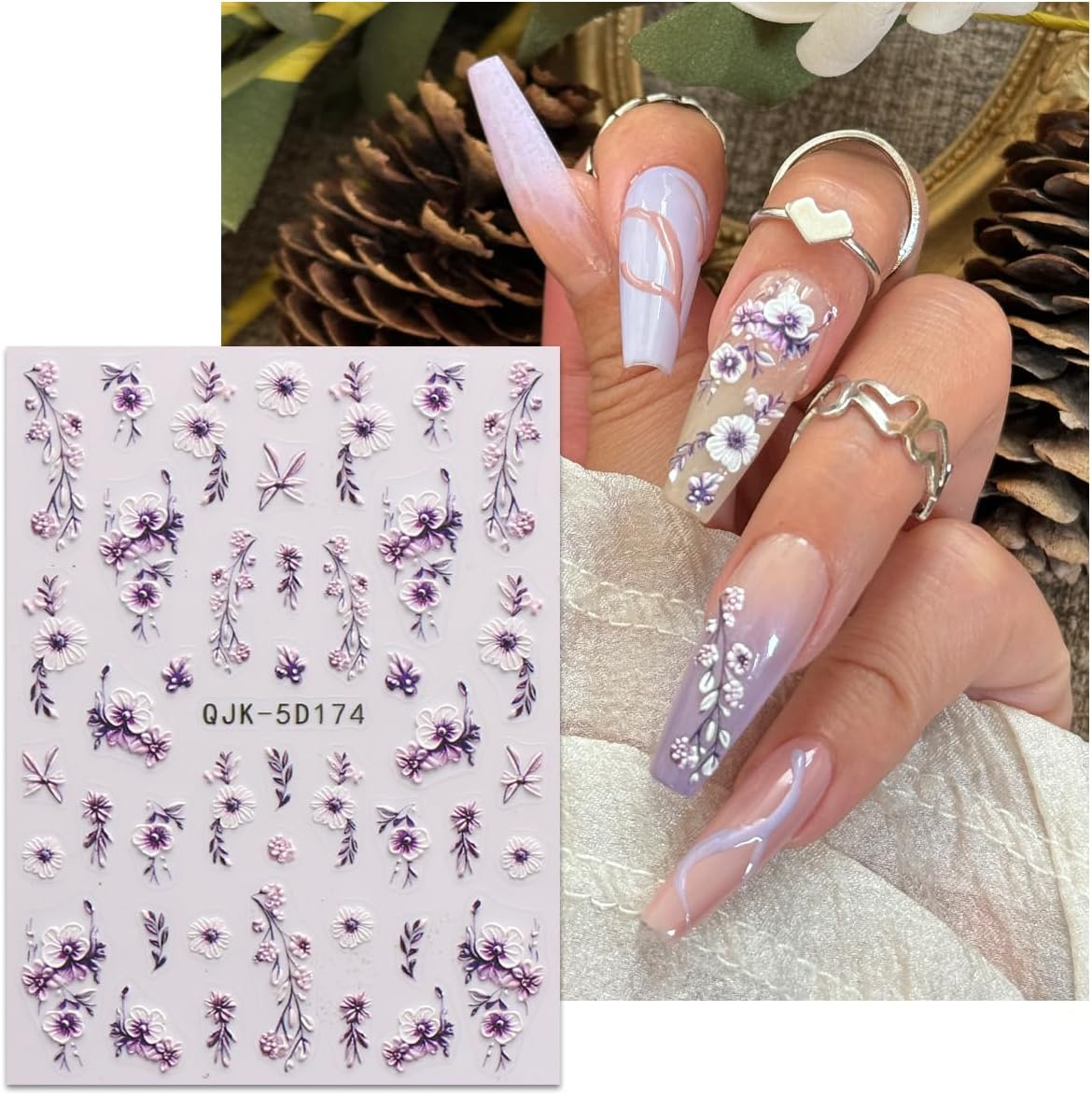 JMEOWIO 3D Embossed Flower Nail Art Stickers Decals Self-Adhesive 5D Spring Summer Floral Nail Supplies Nail Art Design Decoration Accessories 4 Sheets