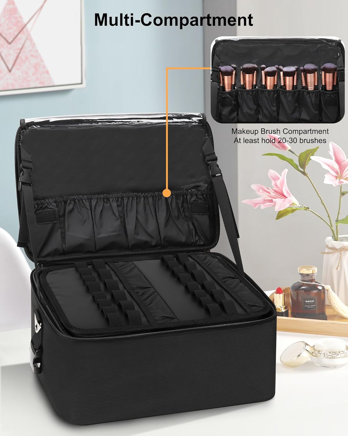 Relavel Makeup Bag Large Makeup Case Professional Cosmetic Storage Organizer Box Brush Holder with 3 Clear Set Bags for Makeup Artists with Shoulder Strap & Adjustable Dividers