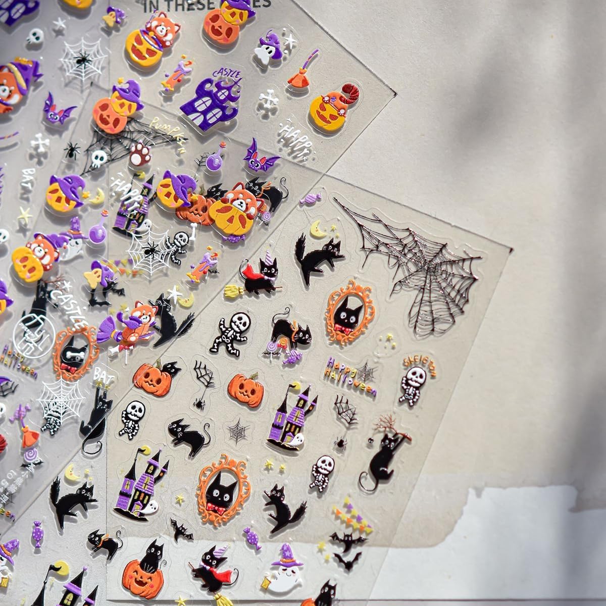 5D Embossed Halloween Nail Stickers Funny Cute Cat Self-Adhesive Nail Art Pegatinas Uñas with Skull Ghost Pumpkin Designs Halloween Nails Decals DIY Manicure Supplies for Women Nails Decoration 1Sheet
