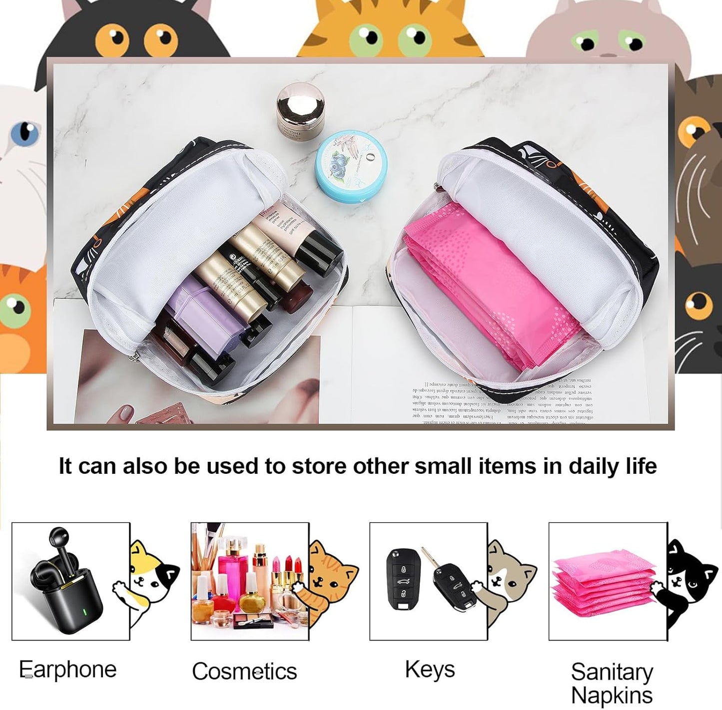 Period Bag Pouch, Canvas Sanitary Napkin Storage Bag for Girls Womens, Portable Sanitary Napkin Period Pad Pouch Bag for Purse, Small Make Up Bags(5170, Black)