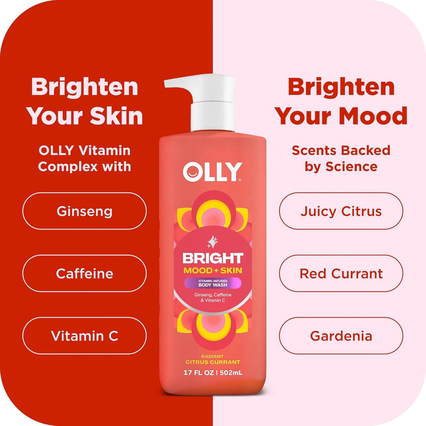 OLLY Bright Body Wash with Ginseng, Caffeine & Vitamin C– Nourishing Cleanser for Skin Barrier Repair, Deep Hydration, Citrus Currant Scent, 17 oz