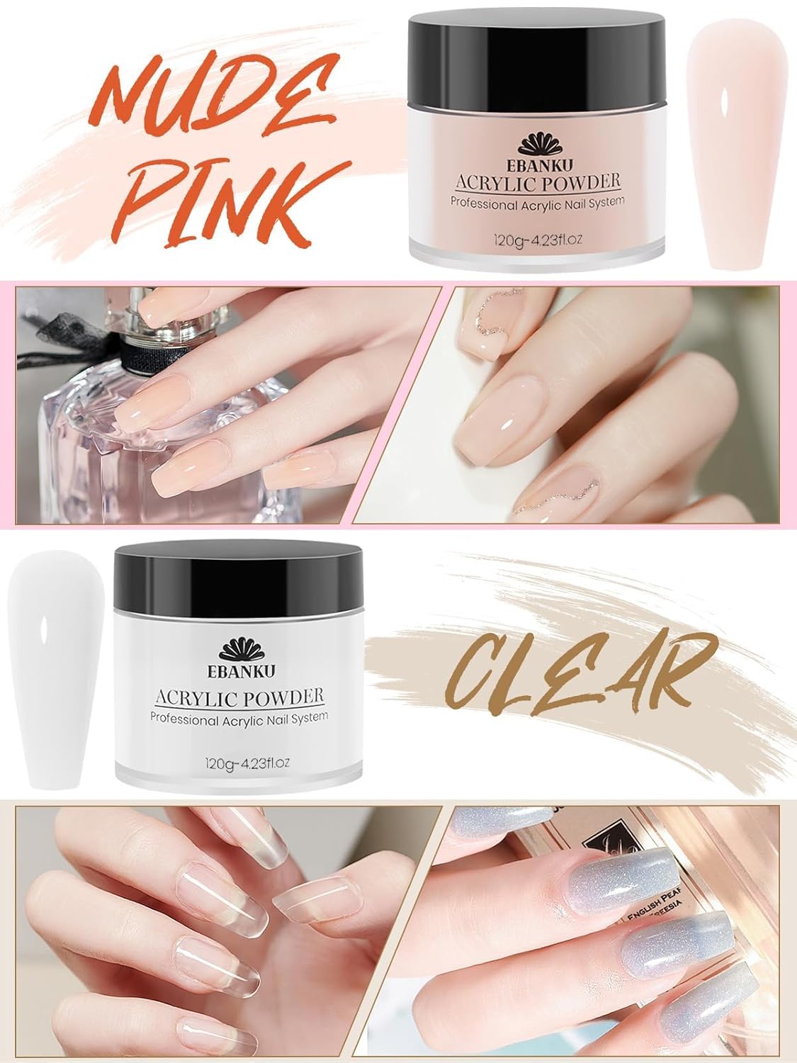 EBANKU 4 Colors Acrylic Powder Set Nude Pink White Clear Acrylic Nail Powder Acrylic Powder for Acrylic Nail Extension Nail Carving, Long-Lasting, No Nail Lamp Needed, Large Capacity 4.23oz*4