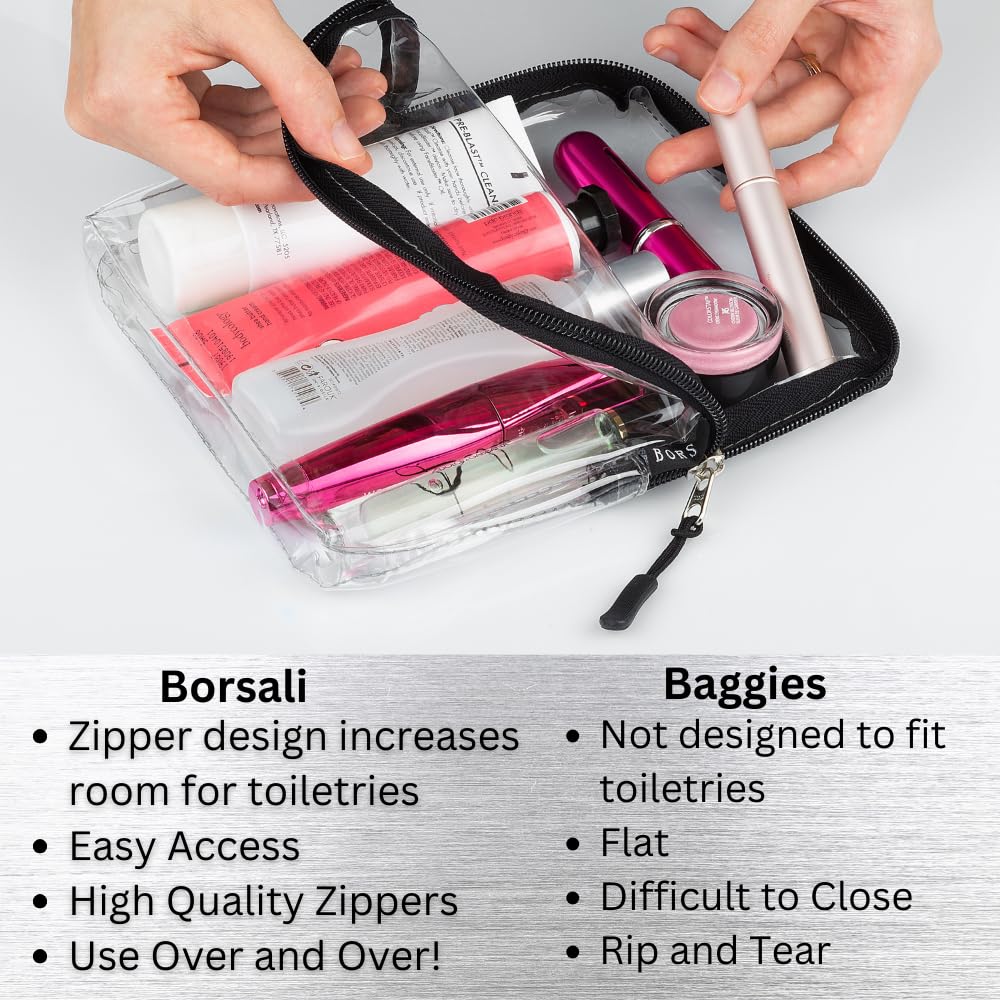 BORSALI TSA Quart Size Bag Approved for Carry On Travel - One (1) Quart Clear Toiletries, Cosmetic and 3-1-1 Liquids Toiletry Bag - 2 Pack