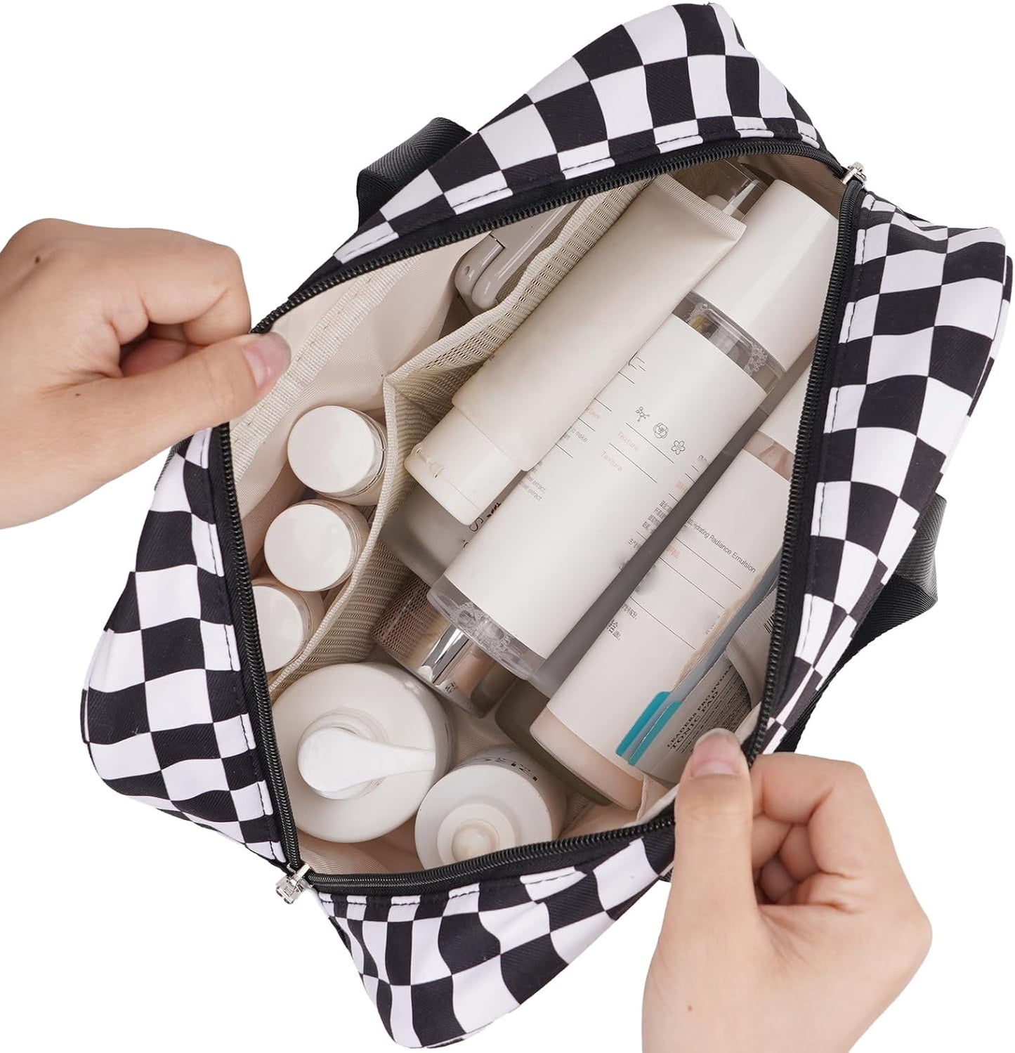 Narwey Large Toiletry Bag Women Cosmetic Bag Travel Makeup Bag Organizer Medicine Bag for Toiletries Essentials Accessories (Black Checkerboard, Large)