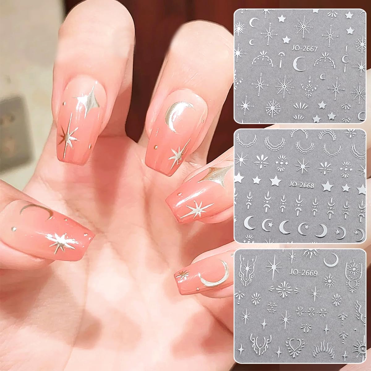 6 Sheets Star Nail Art Stickers 3D Self-Adhesive Pegatinas Uñas Silver Gold Nail Stickers Star Moon Nail Decals for Nail Art Design Decoration Accessories for Women Girls DIY