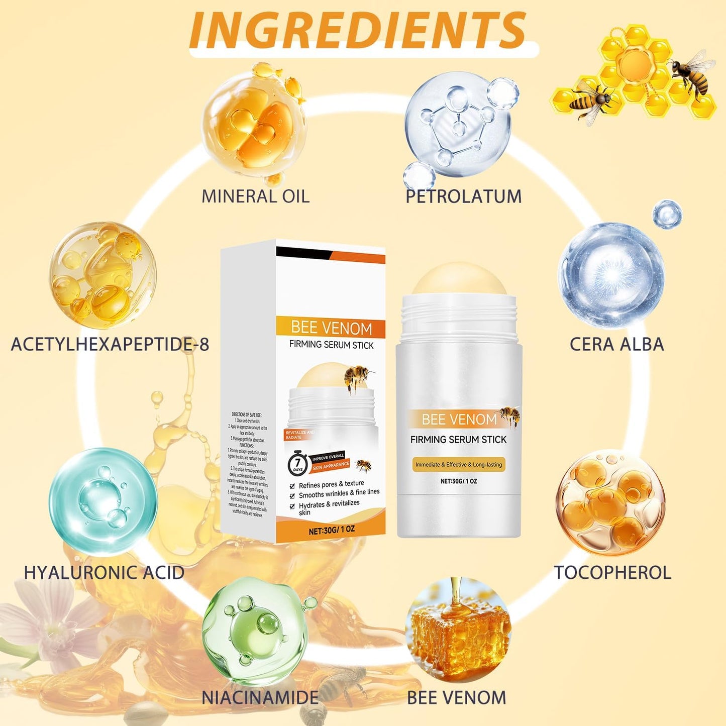 Bee Venom Firming Serum Stick 30g, Bee Venom Wrinkle Removal Serum Stick, Firming & Wrinkle-Reducing Cream, Hydrates & Nourishes Skin Firming Cream For Face and Body