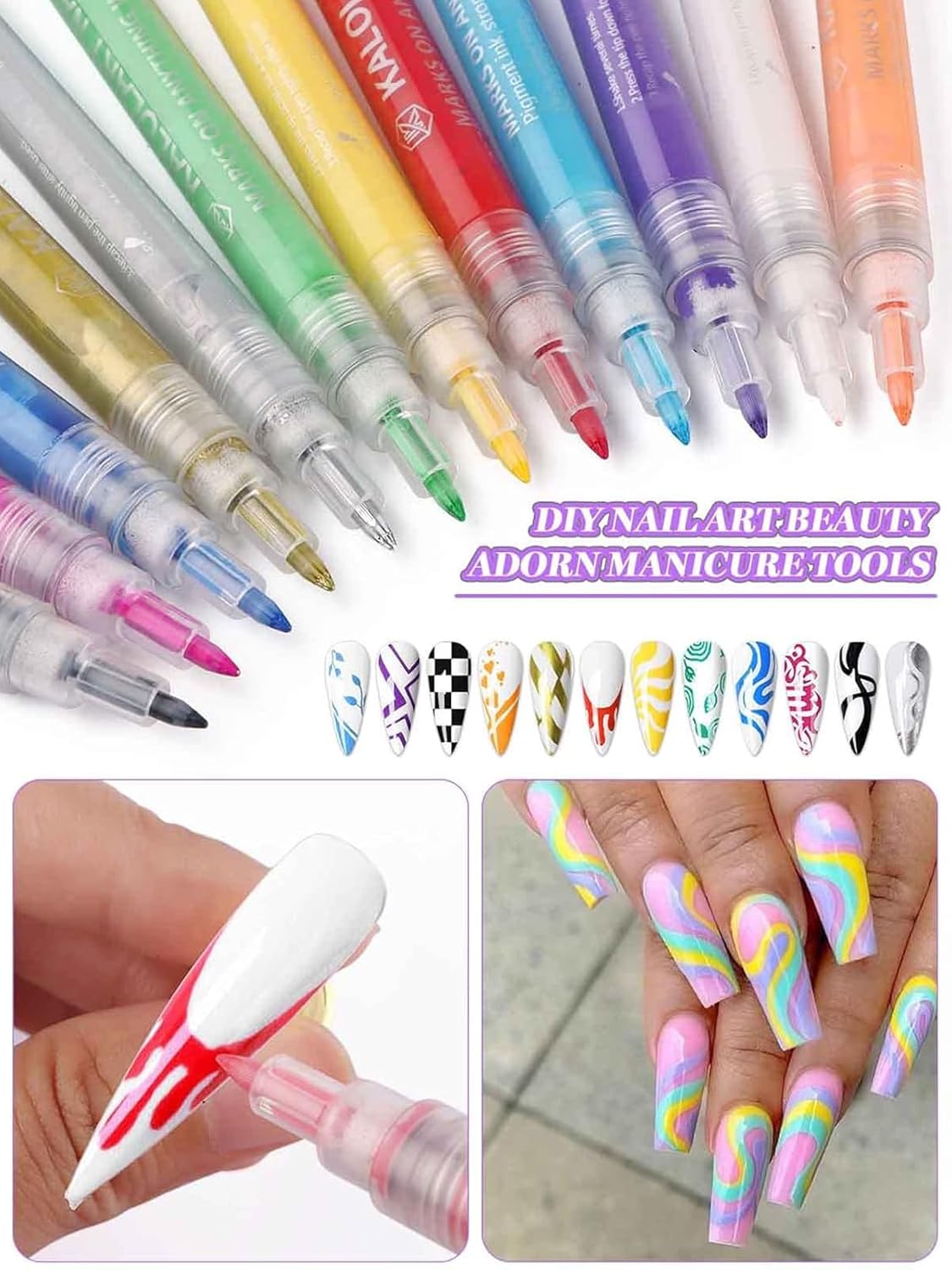 12 Color 3D Nail Art Pens Set, Kalolary Nail Point Graffiti Dotting Pen Drawing Painting Liner Brush for DIY Nail Art Beauty Adorn Manicure Tools