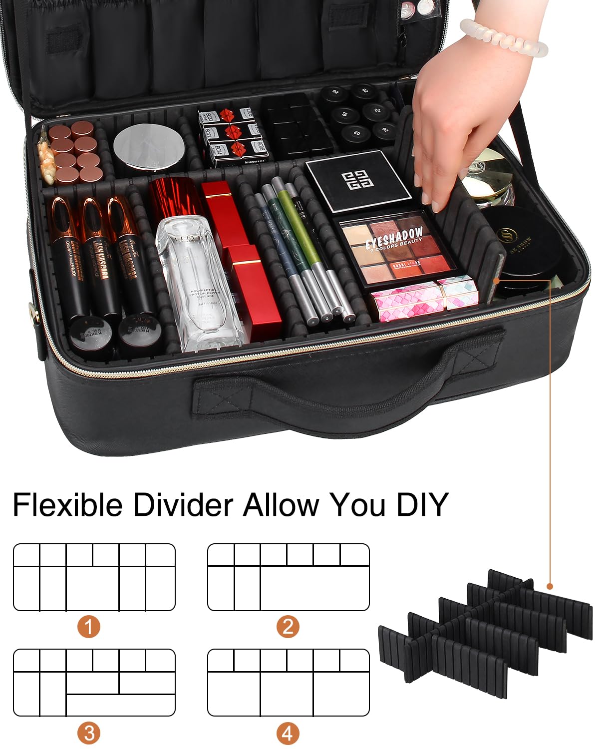 MONSTINA Large Makeup Travel Case Bag,Professional Makeup Artist Train Case with Brush organizer,Large Capacity Cosmetic Bag with Zipper Pocket and Adjustable Compartment（PU Leather Black）