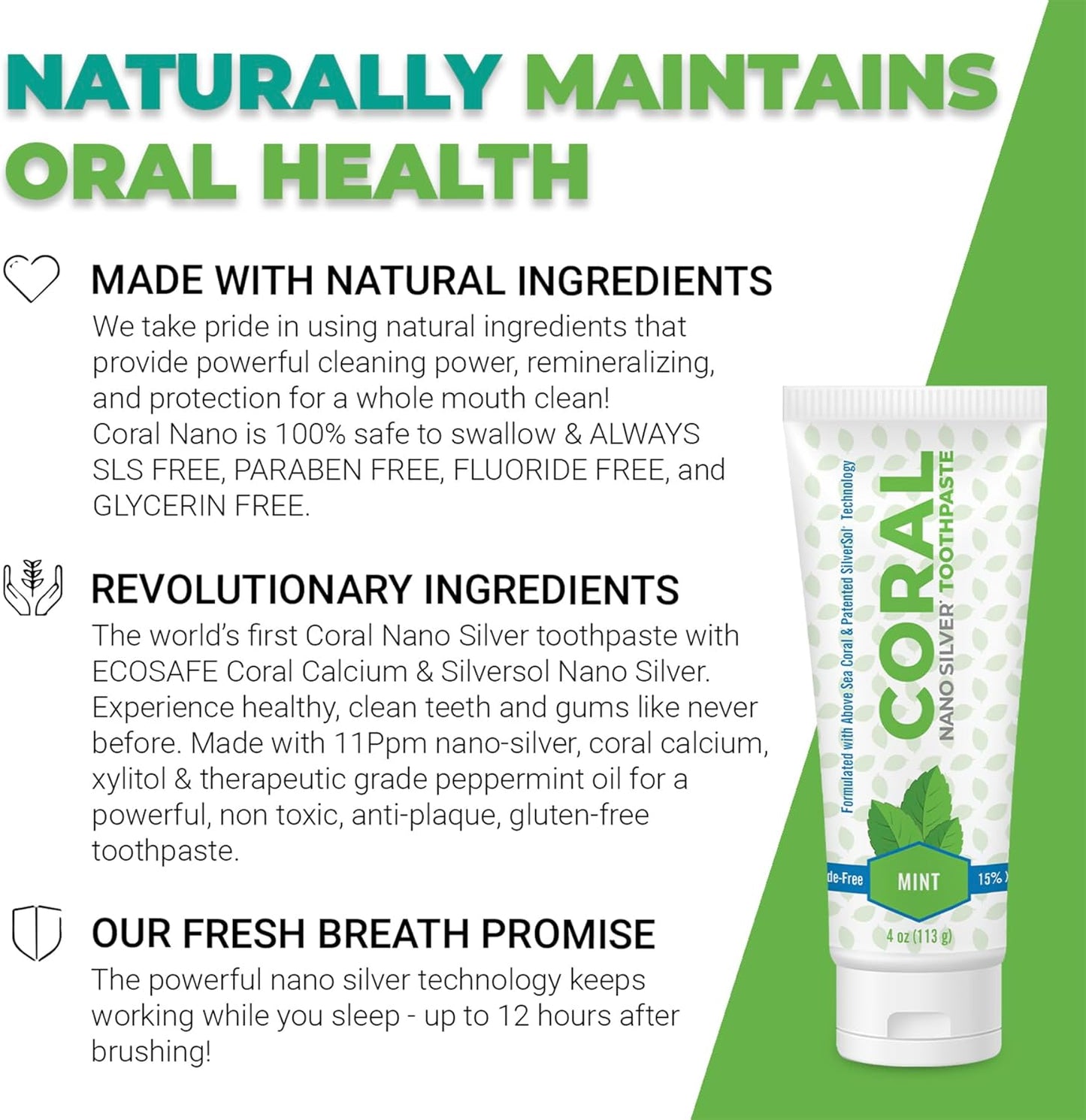 Coral Nano Silver Mint Toothpaste, Natural Fluoride Free Teeth Whitening Toothpaste, Coral Calcium Nano Silver Infused SLS Free - 4 Ounces