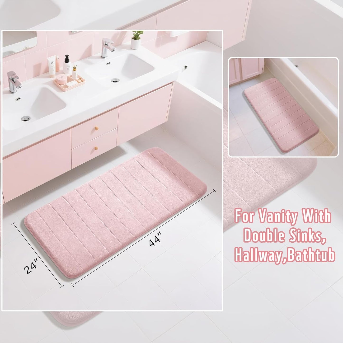 Yimobra Long Bath Mat 44"x24", Super Soft Quick Dry Memory Foam Bathroom Rug, Water Absorbent, Non Slip Backing Machine Washable for Tub Shower, Thick Comfort Support, Pink