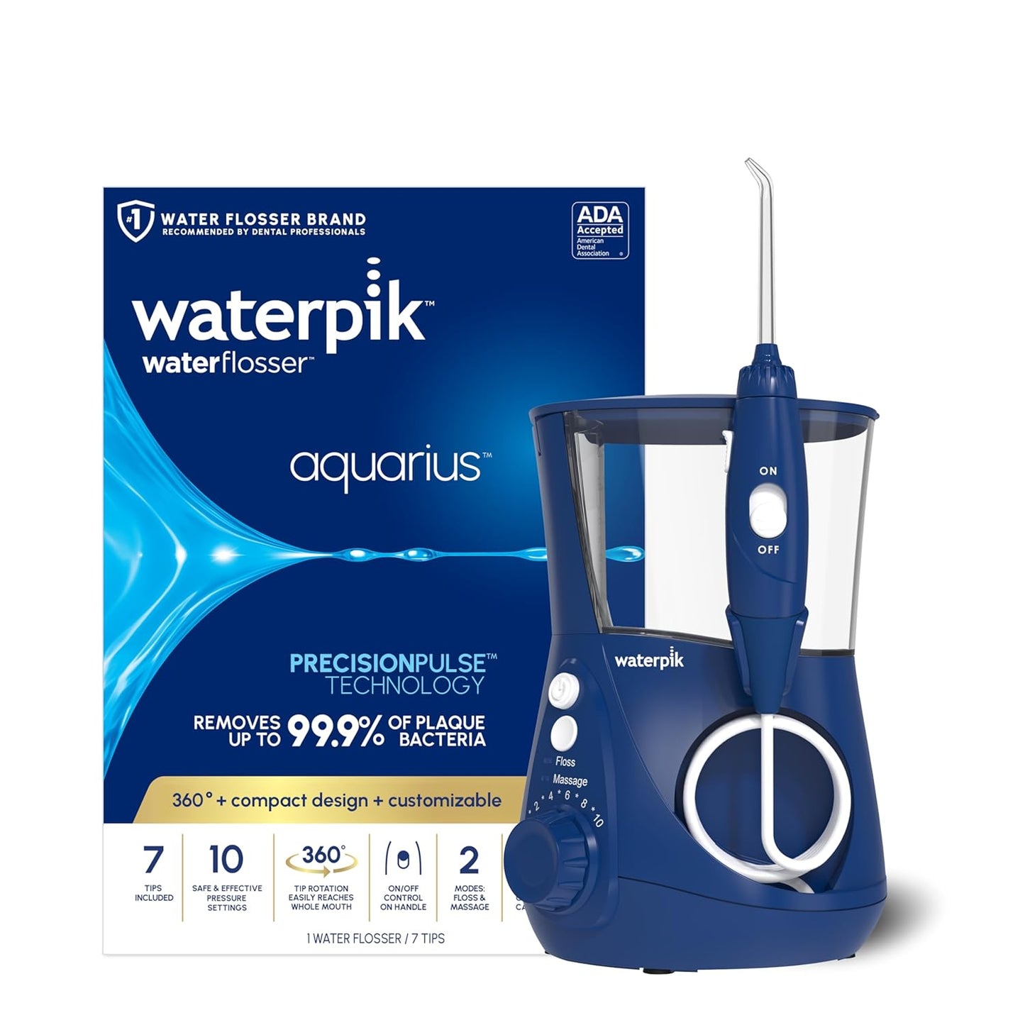 Waterpik Aquarius Water Flosser For Teeth Cleaning, Gums, Braces, Dental Care, Electric Power With 10 Settings, 7 Tips For Multiple Users And Needs, ADA Accepted, Blue WP-663, Packaging May Vary