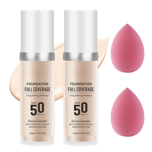2PCS Ivory White Foundation Makeup Set with 2 Makeup Sponges,Moisturizing Full Coverage Liquid Foundation for Women,Non-greasy Long Lasting Flawless Concealer Cream Makeup Foundation Set