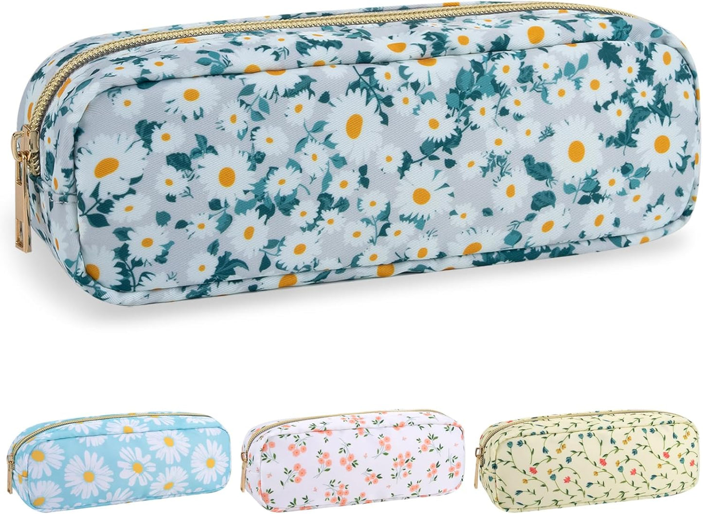 izuzta Nylon Small Floral Makeup Bag Slim Pouch, Preppy Cute Makeup Brush Case Bag Flower Cosmetic Zipper Pouch Purse, Waterproof Travel Toiletry Bag Coin Pouch Make Up Organizer Women(Green-Daisy)