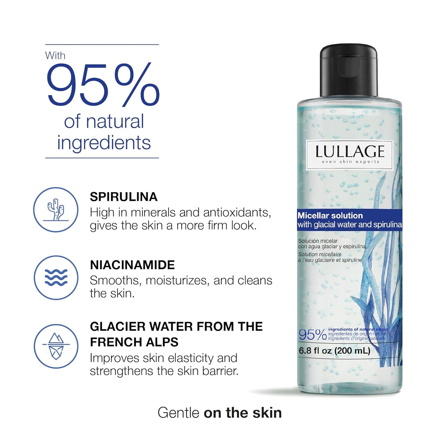 LULLAGE Micellar Water Makeup Remover – Cleanser with Niacinamide, Spirulina & Glacier Water Solution for All Skin Types | Removes Waterproof Makeup | 6.8 Fl Oz