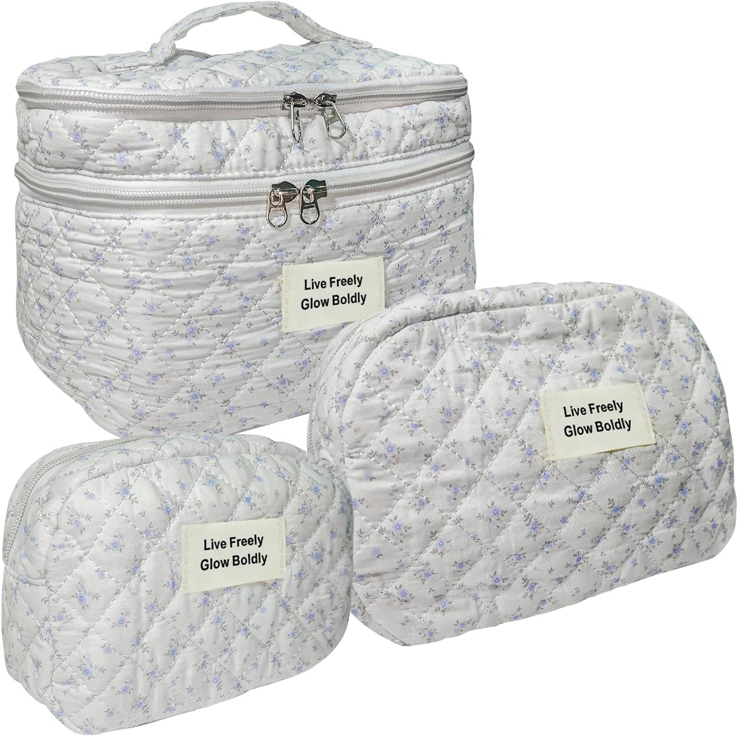 3Pcs Large Travel Quilted Makeup Bag, Double Layer Cute Floral Cotton Toiletry Bag, Aesthetic Flower Cosmetic Bag Coquette Skincare Organizer Bag for Women (77-BlueFloral)