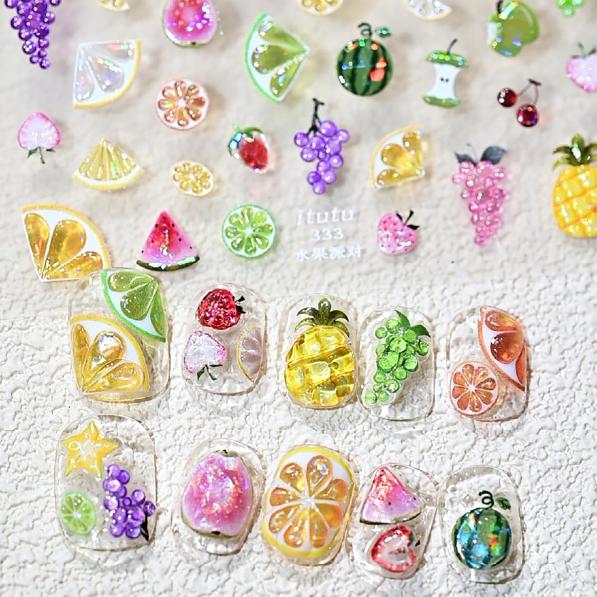 5D Embossed Summer Nail Stickers for Nail Art Self-Adhesive Fruit Nail Art Stickers Strawberry Grape Lemon Apple Cherry Nail Designs Cute Nail Decals Supplies for Women Acrylic DIY Nails Decoration