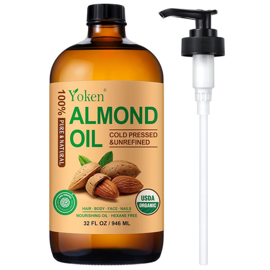 Yoken Organic Almond Oil 32 fl oz 100% USDA Pure Cold Pressed Glass Bottle Almond Oils for Skin, Hair, Face, Body Moisturizer, Smooth and Soft Skin, Base Carrier Oil for DIY, Massage