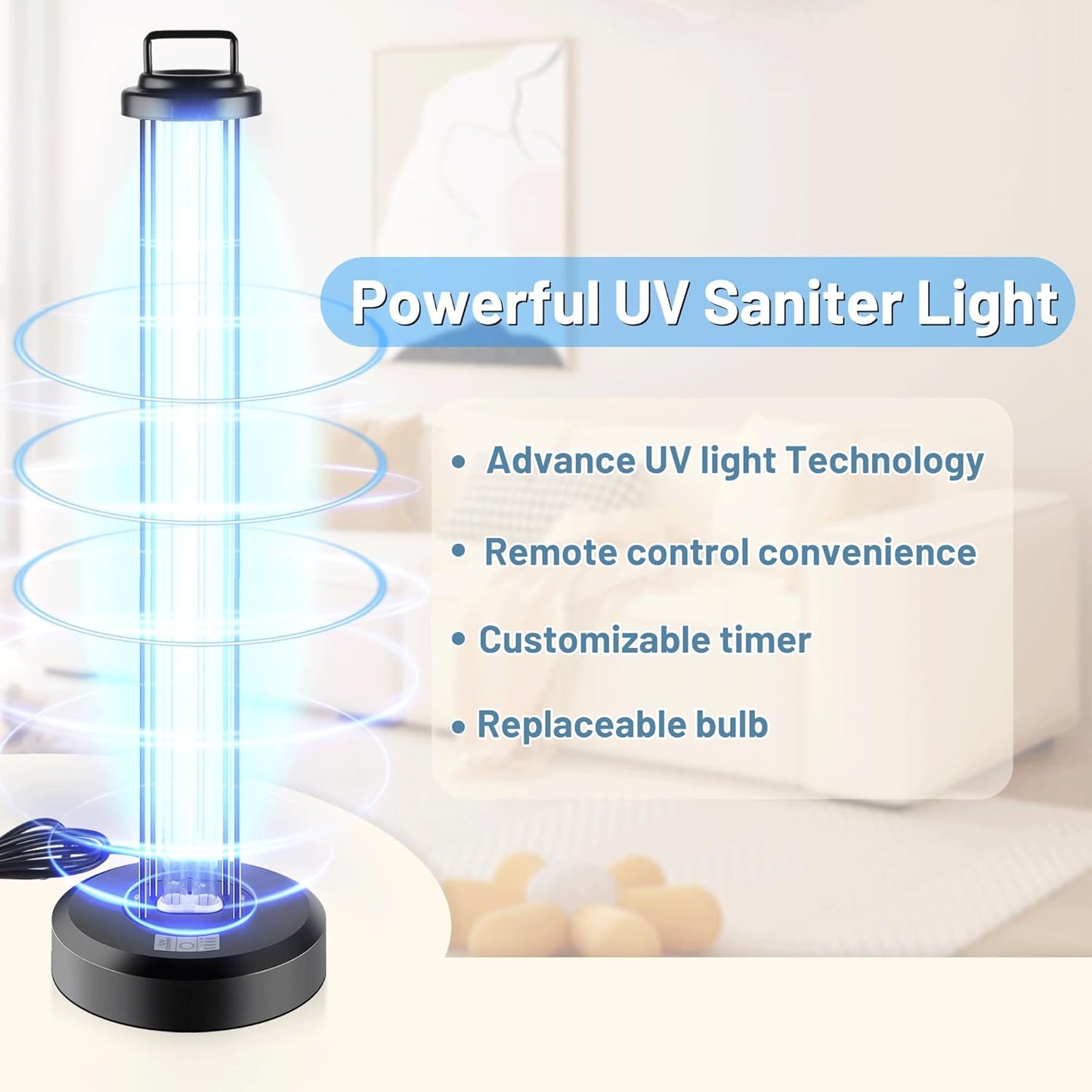 100W UV Sanitizer Light, Portable Ultraviolet Light with 3-Gear Timer and Remote Control, 110V, 99.99% UVC Ozone Free UV Lamp for Home, Office, Hotel, School