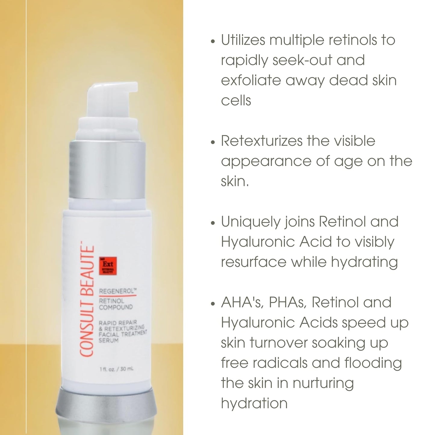 Consult Beaute - Regenerol Retinol Compound Serum for Face - Rapid Repair & Retexturizing Skin Treatment for Lines and Wrinkles - Hydrating Hyaluronic Acid - AHA -1 Fl. Oz.