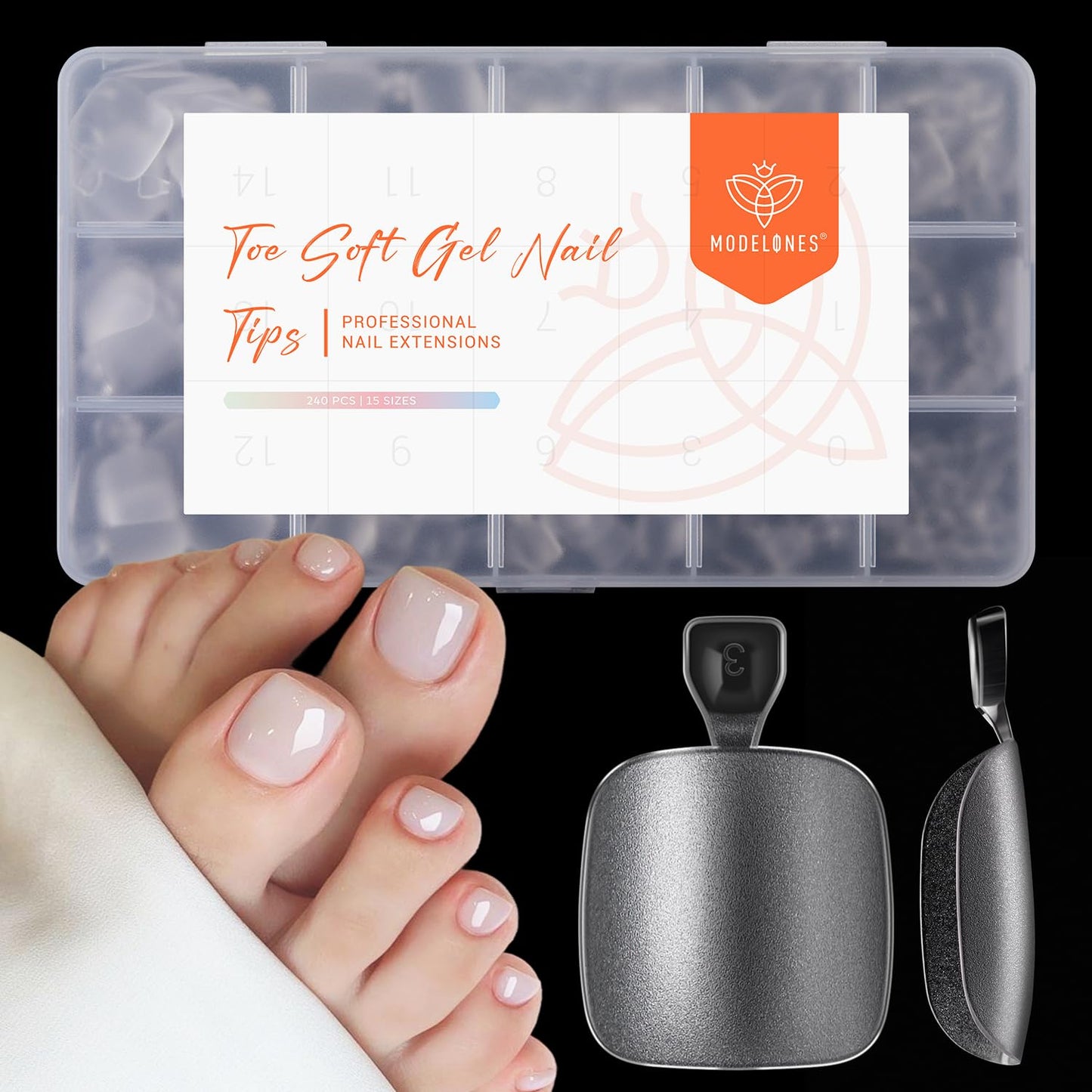 Modelones Toe Nail Tips Short Square Soft Gel Tips Squoval Fake Toe Nails Matte Full Cover Pre-shape Extension Home DIY Salon 240Pcs 15Sizes