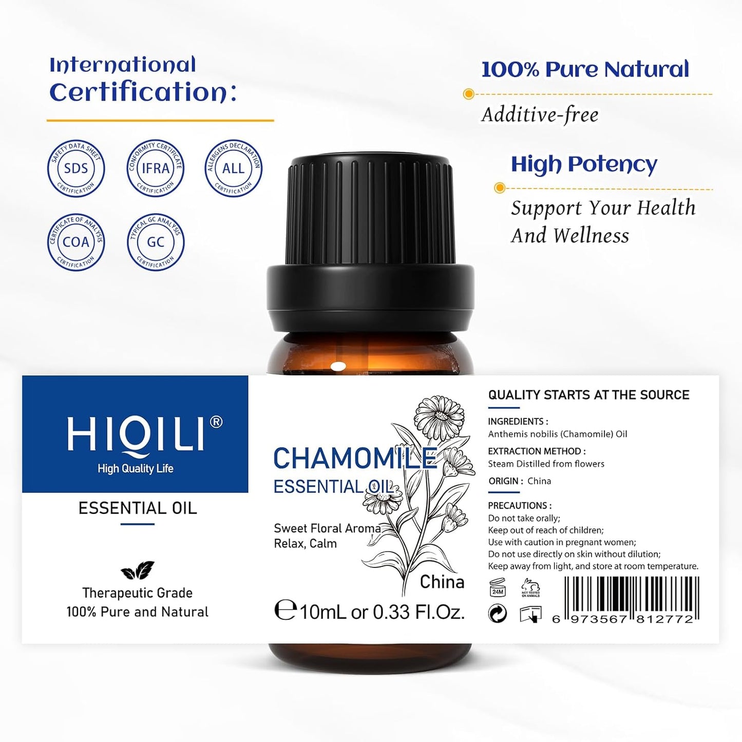 HIQILI 0.33 Fl Oz Chamomile Essential Oil, Air Purifying, Relaxing, Skin Care, Can be Added to Fresheners, Foot Baths, Body Lotions Use - 10ml