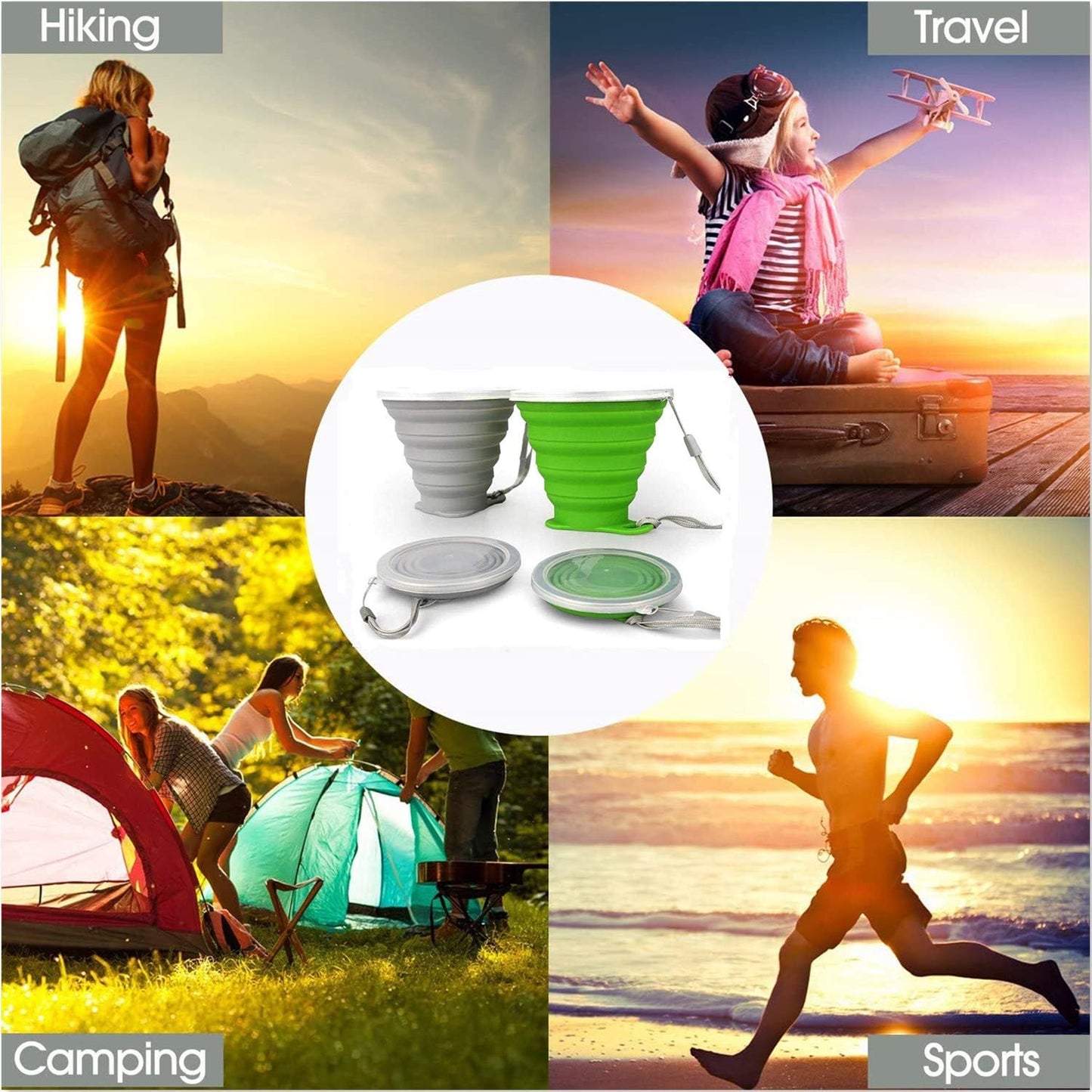 IYYI Collapsible Cups for Traveling, Silicone Collapsible Cups, Camping Mugs, Foldable Cup, Folding Cup for Camping, Hiking, Outdoors, Travel (Gray-Green)