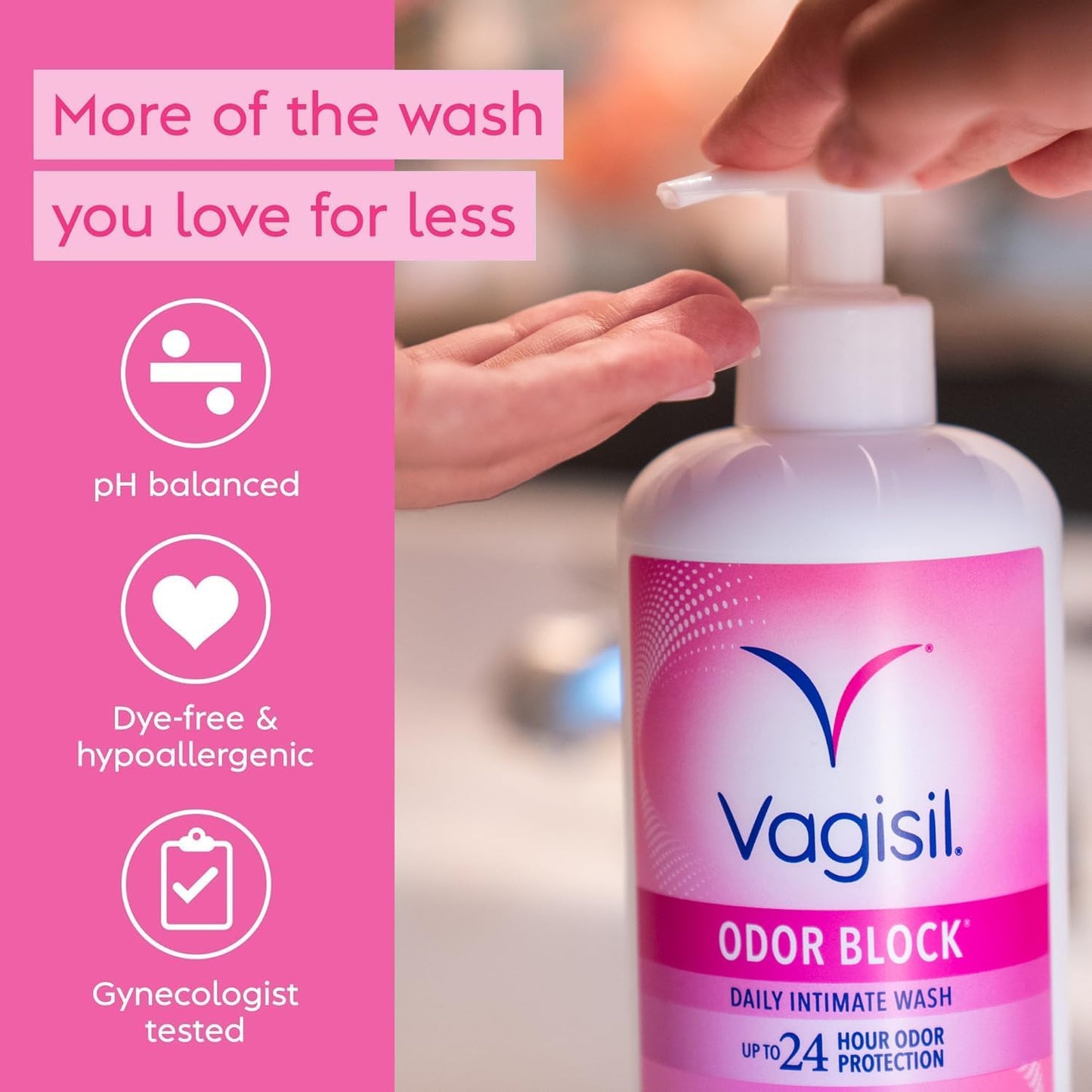 Vagisil Feminine Wash for Intimate Area Hygiene, Odor Block, Gynecologist Tested, Hypoallergenic, 16.9 oz with Pump (Pack of 2)