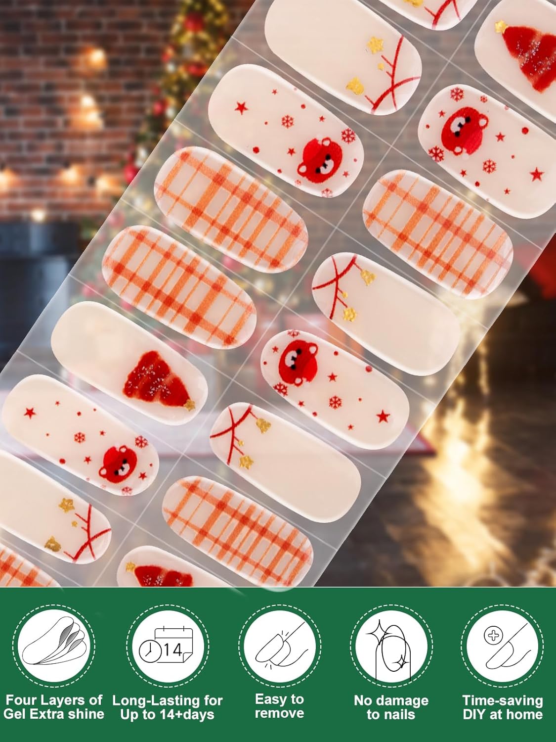 EBANKU 24PCS Christmas Semi-Cured Gel Nail Strips, Bear Snowflakes Adhesive Art Sticker, Waterproof Gel Nails Wrap Stickers with Nail File and Stick