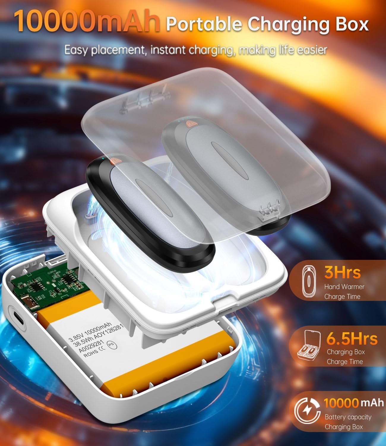 Hand Warmers Rechargeable with 10000mAh Charging Case, 2000mAh Portable Hand Warmers 2 Pack, Reusable Electric Pocket Heater for Hunting, Camping Gear, Outdoors, Gifts