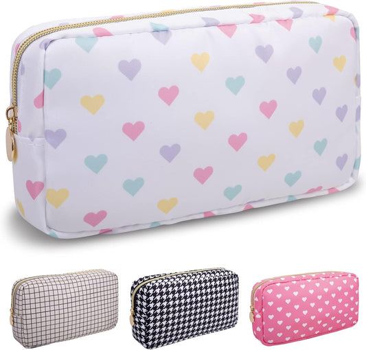 Nylon Small Makeup Bag for Purse, Cute Makeup Bag Preppy Cosmetic Zipper Pouch Purse, Waterproof Portable Travel Toiletry Bag Clutch Makeup Brush Bag Organizer Storage for Women Men Girl(White-Heart)