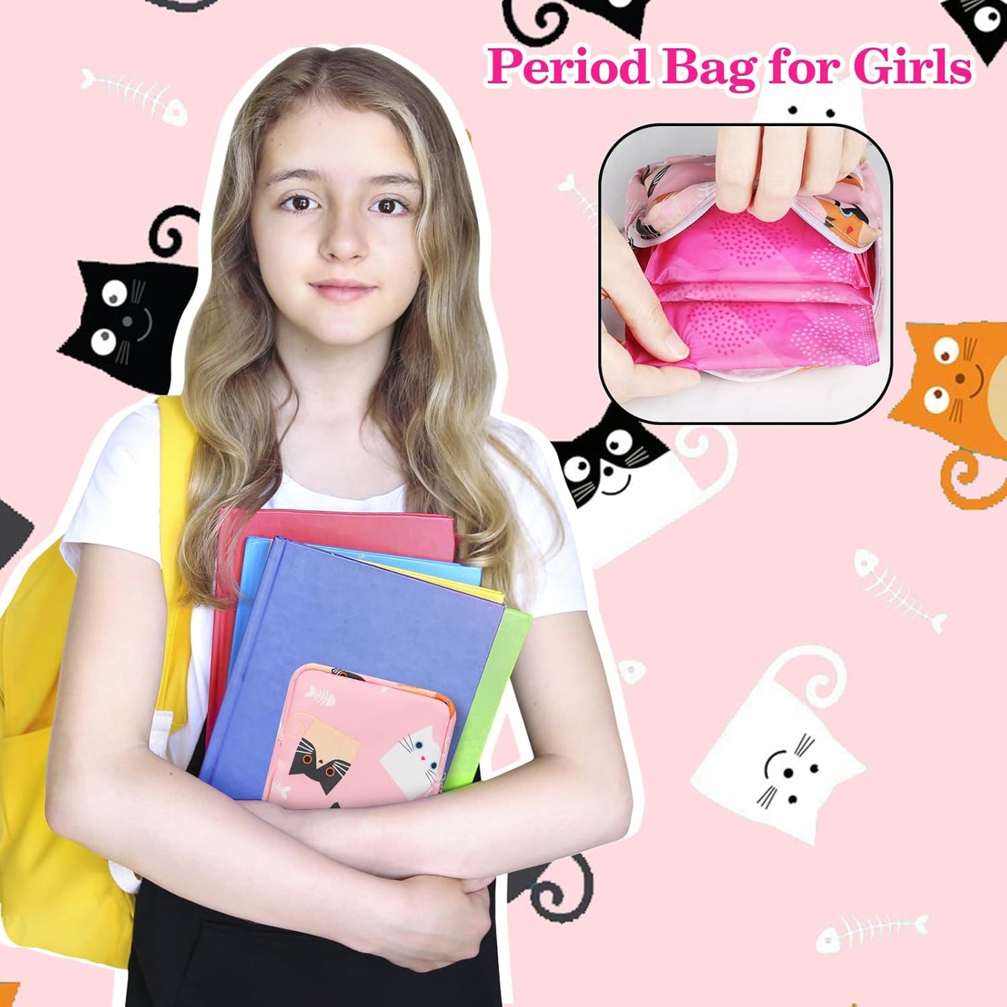 Period Bag Pouch, Canvas Sanitary Napkin Storage Bag for Girls Womens, Portable Sanitary Napkin Period Pad Pouch for Purse, Small Make Up Bags(Cat, Pink)