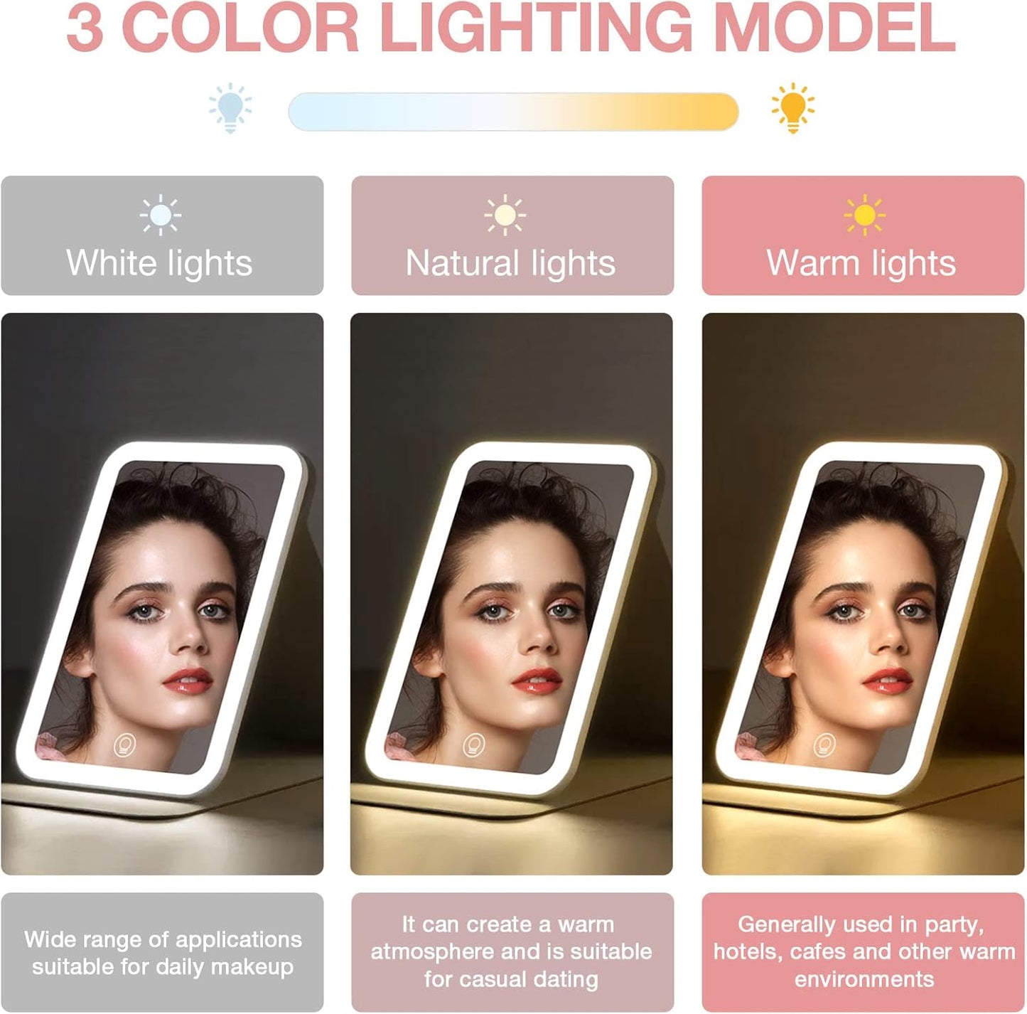 Kintion Travel Makeup Mirror, Portable LED Lighted Makeup Mirror, 360° Rotation Touch Screen Vanity Mirror, 60 LEDs, 3-Color Dimmable Lighting, Rechargeable Tabletop Folding Cosmetic Mirror, Pink