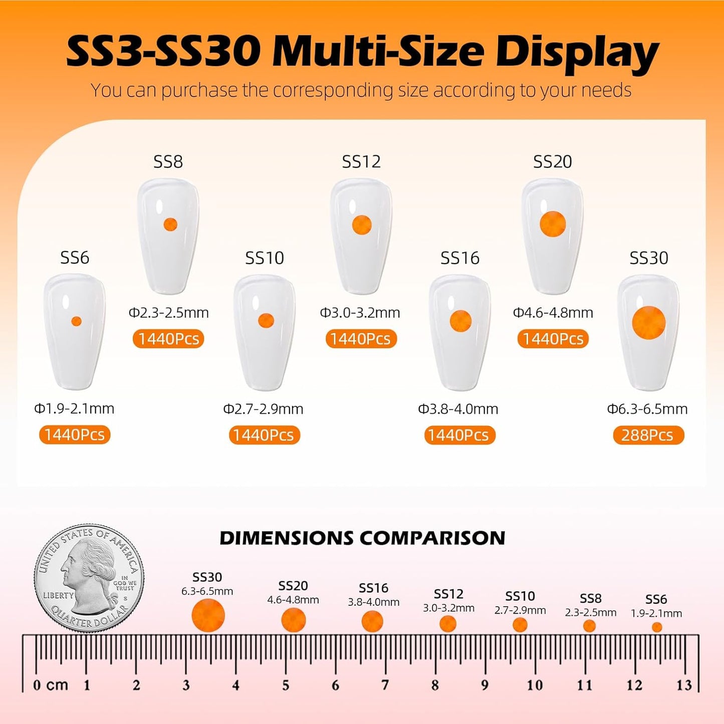 Neon Orange Flatback Rhinestones, Glass Rhinestones for Nail Art and Craft, Glue Fix, Loose Crystal Gemstones(Neon Orange, SS30, 288pcs, 6.4-6.6mm)