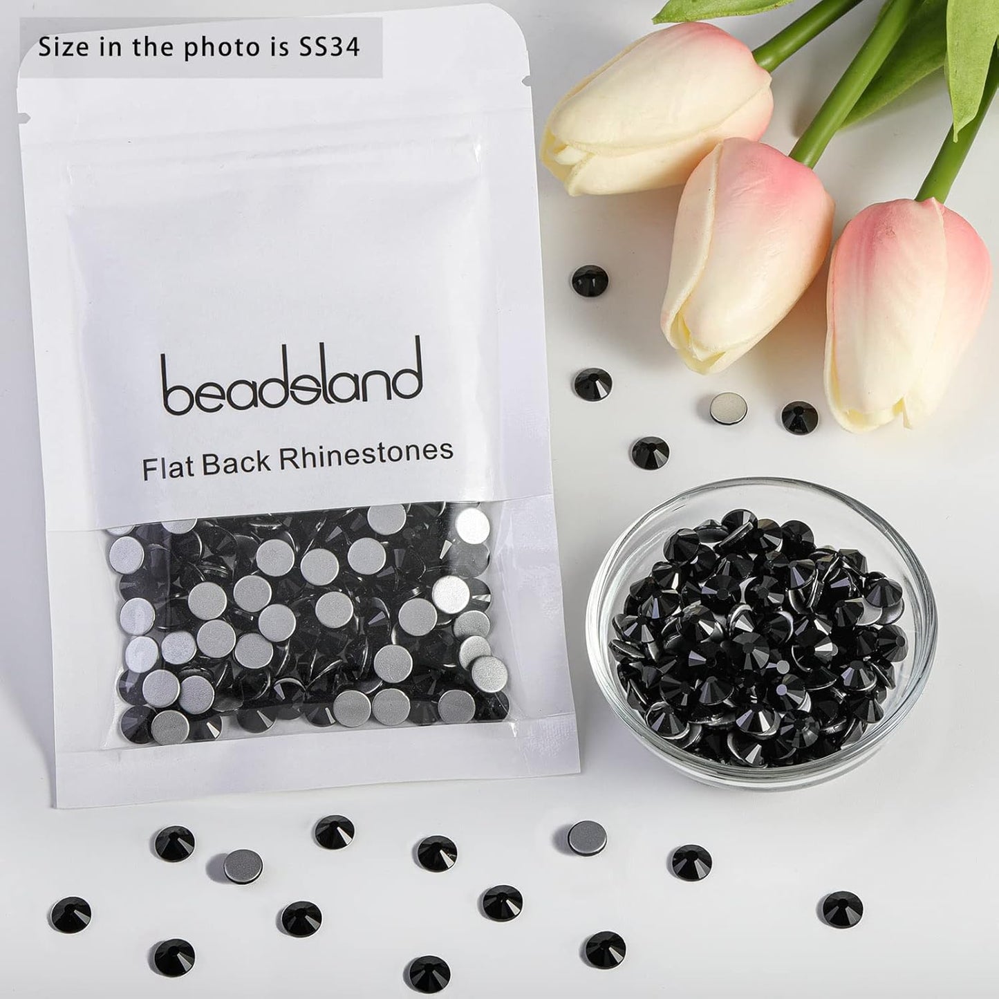 beadsland Flat Back Crystal Rhinestones Round Gems, Black(7.1-7.3mm) SS34/288pcs
