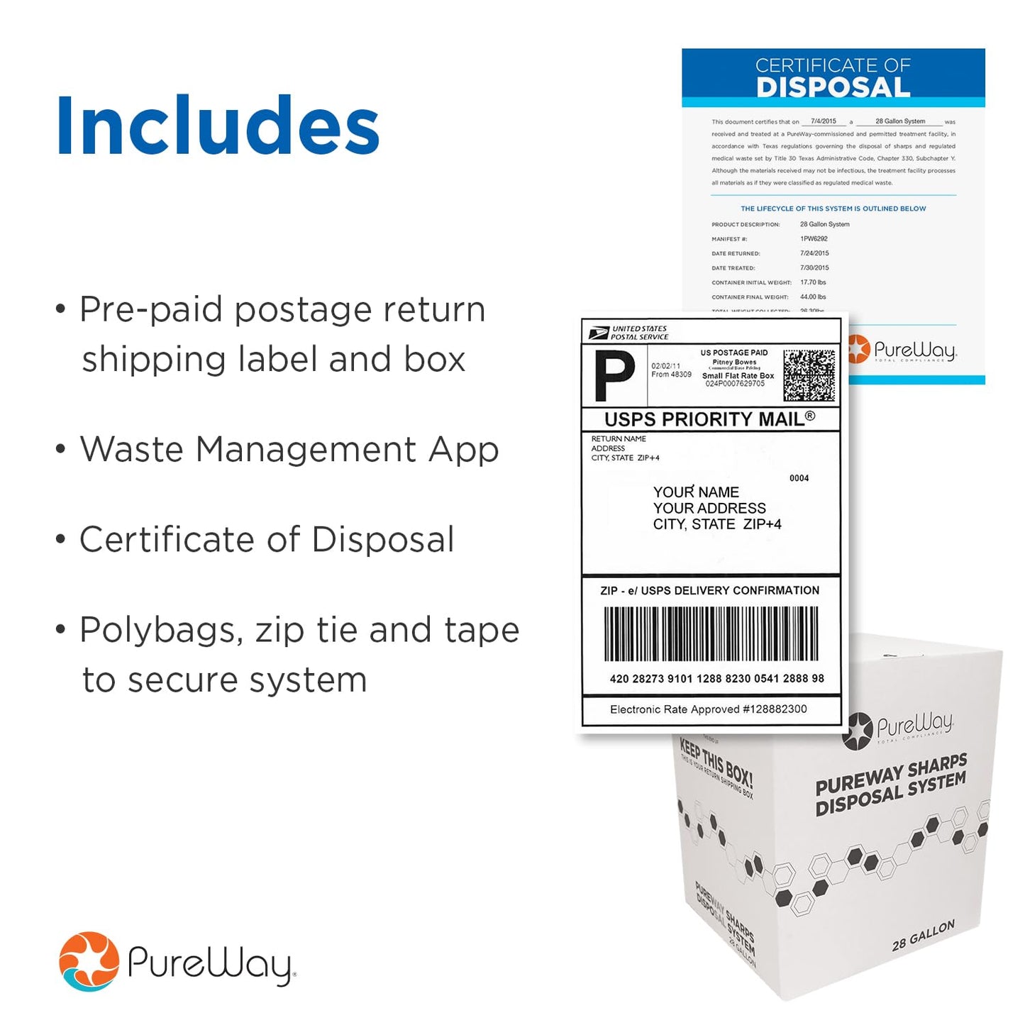 MailBack 3 Gallon PureWay Sharps Container Disposal System - [PrePaid Return Label Included] for Home, Travel, Professional, and Personal Use