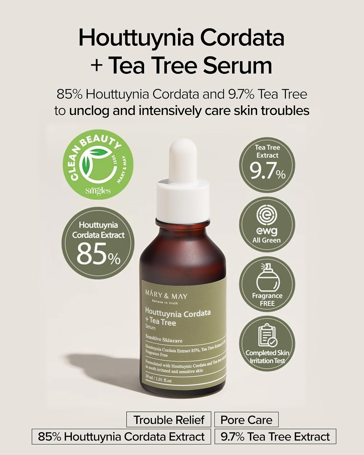Mary&May Houttuynia Cordata + Tea Tree Serum - Effective Pore Clearing and Acne Treatment Face Serum - Non-Sticky Formula for Improved Skin Barrier and Calm Skin - Fragrance Free, 1.01 fl.oz.