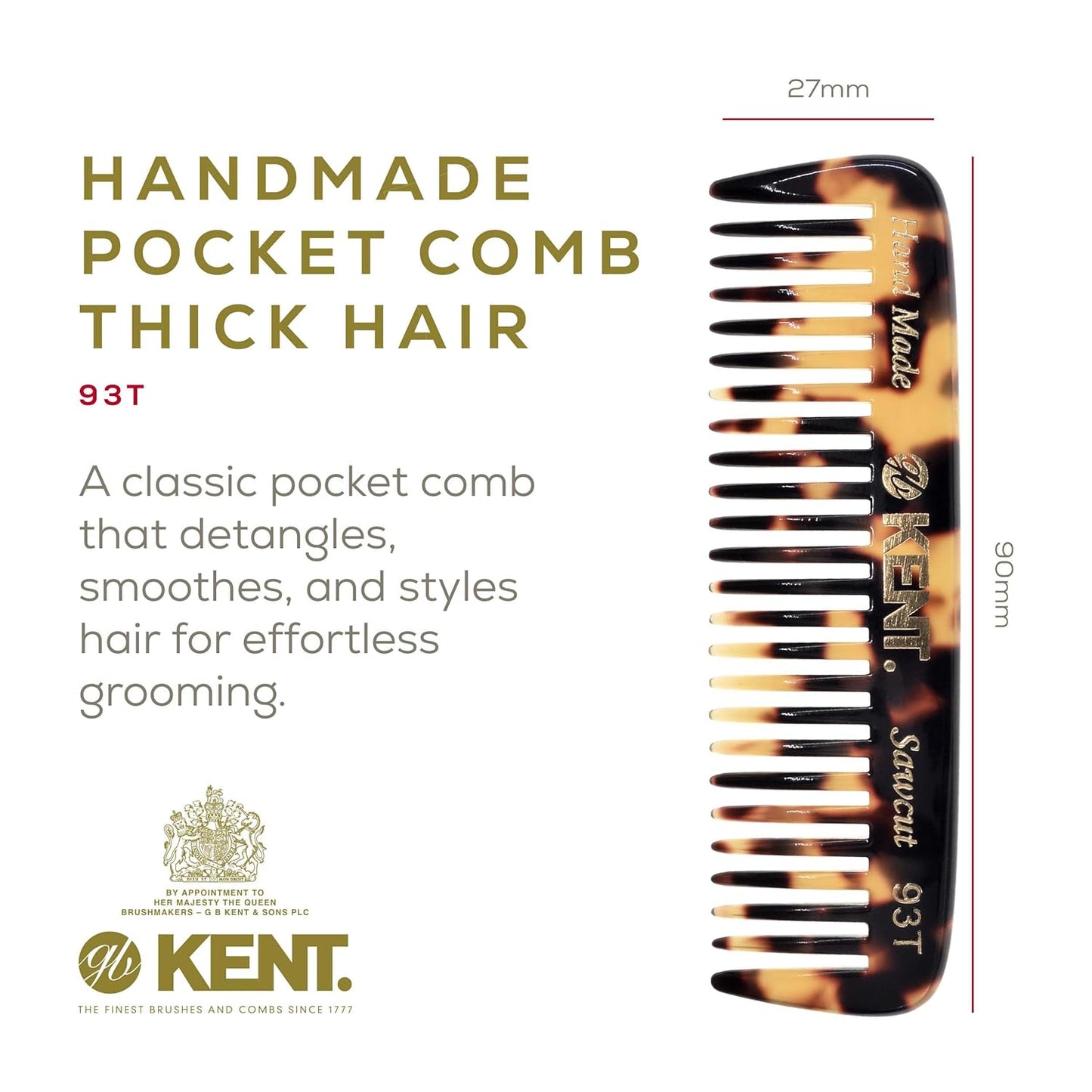 Kent 93T Tokyo White Beard Comb for Men - Wide Tooth Men's Comb, Ideal For Mustaches and Beards and Facial Hair, Small Pocket Sized Travel Detangler Combs, Saw-Cut, Hand Polished, Made in England
