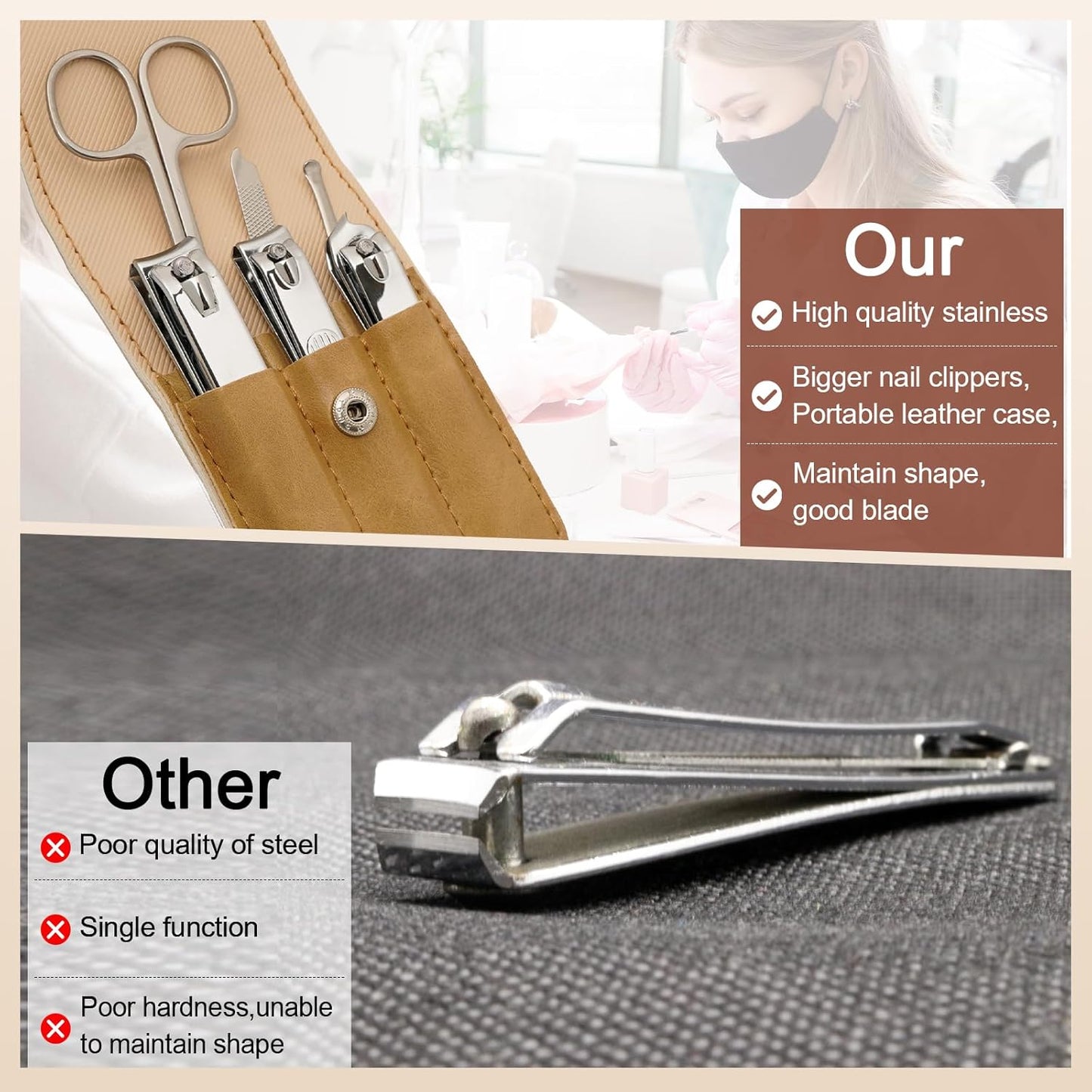 Premium Stainless Steel Nail Clippers Set - Travel Grooming Kit, 6pc Manicure/Pedicure Tools with PU Case - Unisex Gift for Men and Women(D-Khaki)