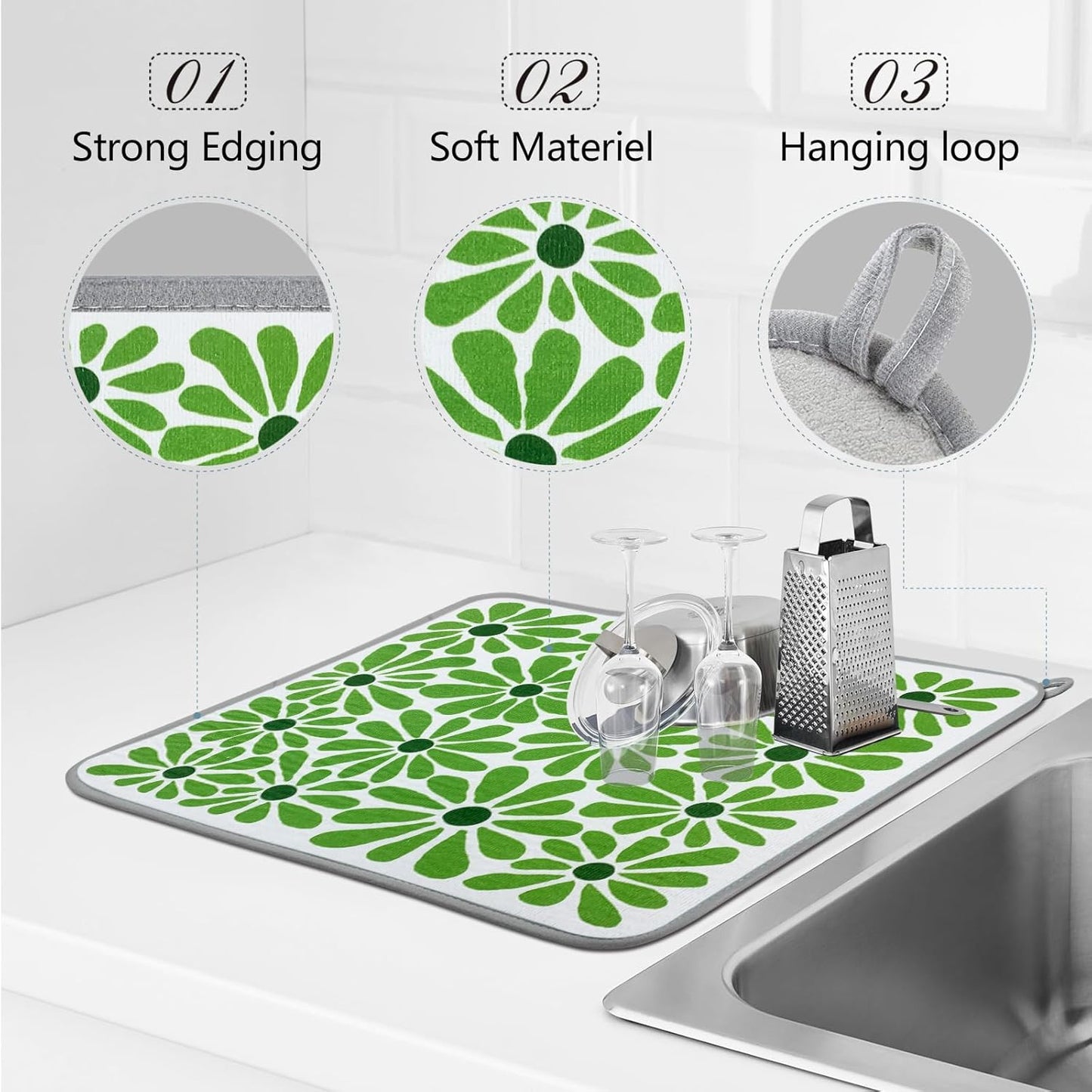 SHIYUE Dish Drying Mat for Kitchen Counter Super Absorbent Spring Kitchen Decor Microfiber Drying Matainers Rack Fast Pad Dish Drainer Mats(Cute Green Flower,18''x24'')