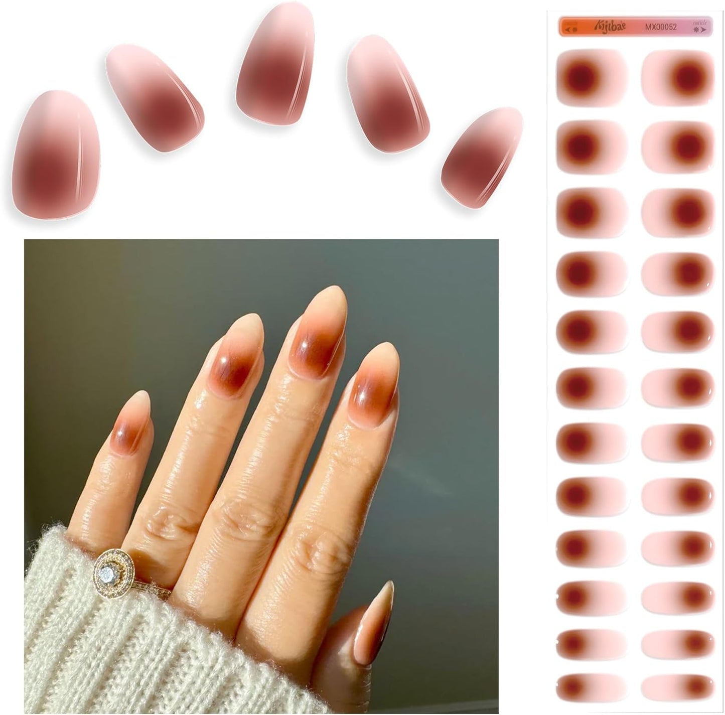 Semi Cured Gel Nail Strips - Minimalist Ombre Nail Polish Wraps, Works with Any UV Lamp - Long Lasting Easy Salon Manicure - 24pcs with 2 Prep Pads, Nail File & Cuticle Stick (Chocolate Bar)
