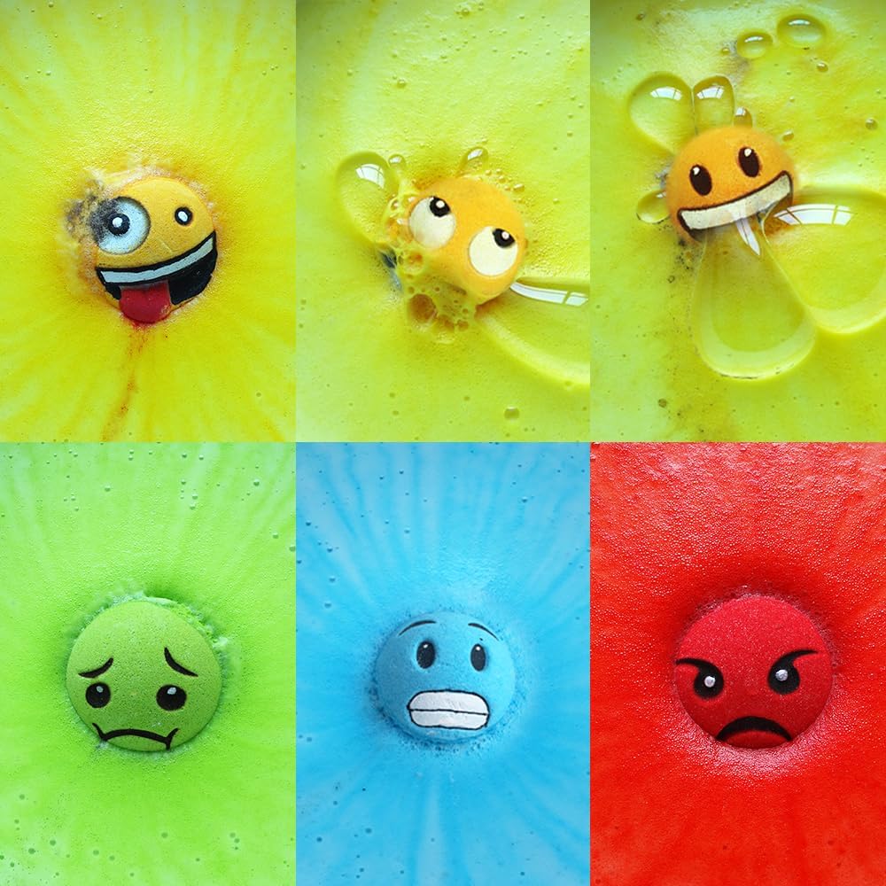 Large Emotion Face Bath Bombs Set of 6 – Fun Emoji-Inspired Spa Fizzies – Handmade with Shea Butter, Cocoa Butter & Essential Oils – Moisturizing Gift Set for Women, Men & Kids