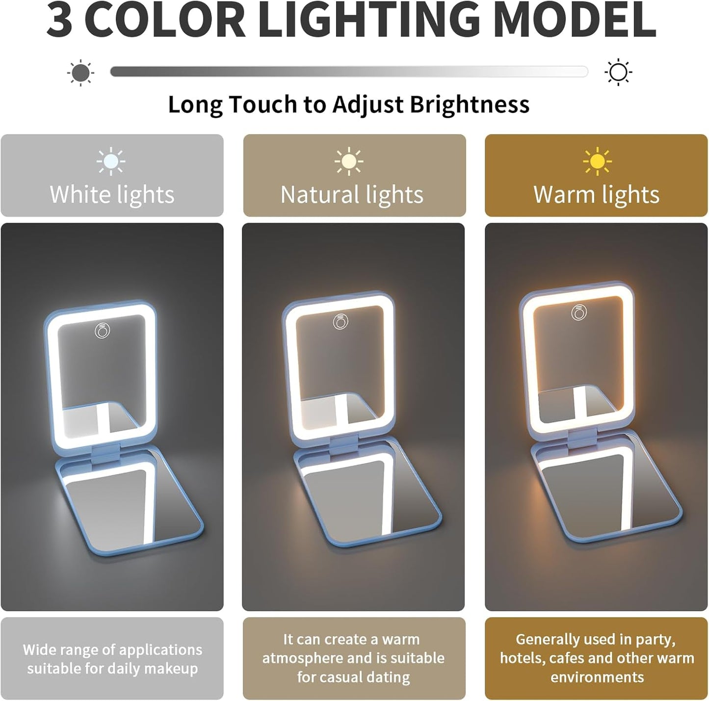 Kintion 2025 Pocket Mirror, Rechargeable Dimmable 3 Color Lighting 1X/3X LED Compact Travel Makeup Mirror for Purse, Portable, Folding, Handheld, Small Lighted Mirror for Women Gift, Blue