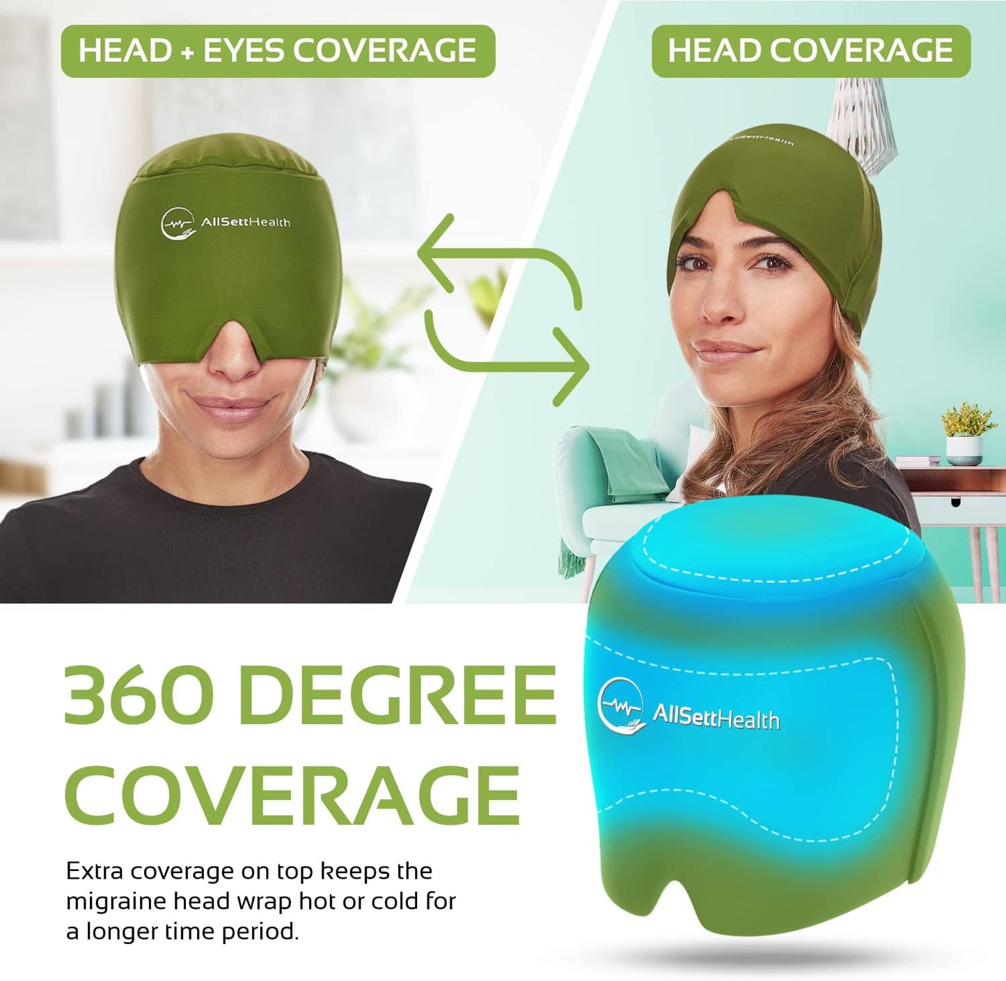 Migraine Relief Cap Ice Head Wrap Headache and Migraine Hat | Headache Relief with Hot/Cold Gel Head Ice Pack with Face and Eye Headache Mask Compress - Green