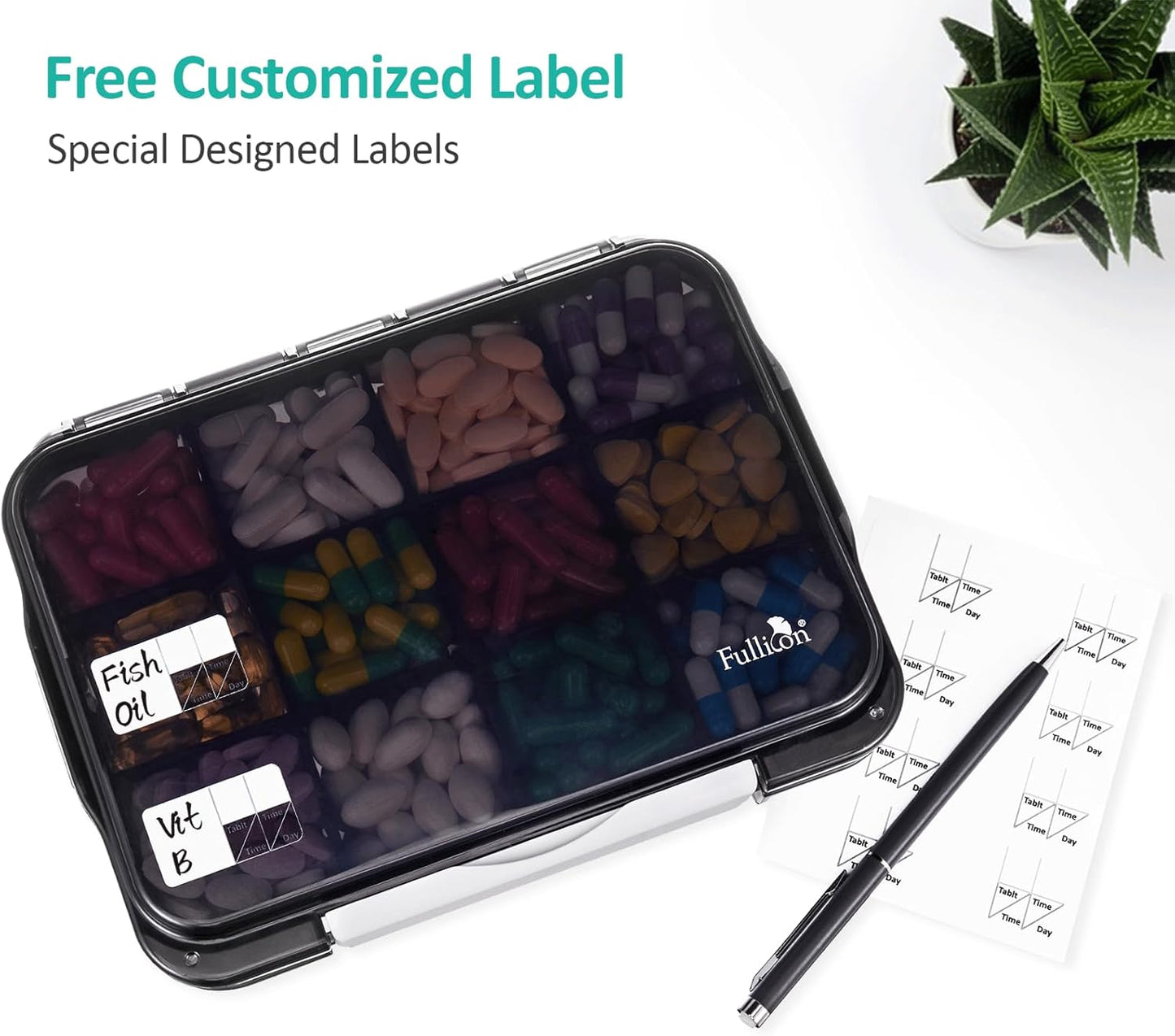 Fullicon Daily Travel Moisture Proof Pill Case with 12 Extra Large Compartment, Pill Organizer with 3 Secured Buckles, Large Supplement Box for Vitamin with Removable Dividers (Black)