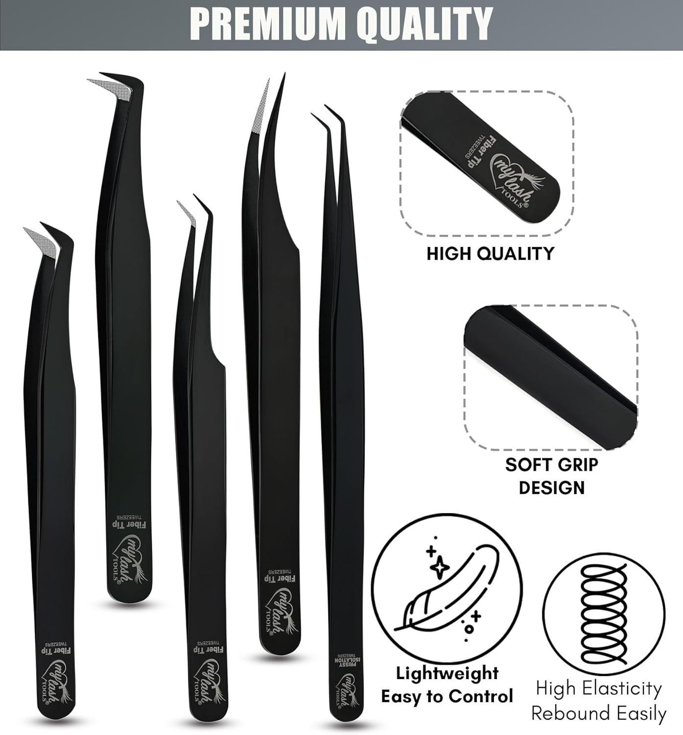 Fiber Tip Lash Tweezers for Lash Extensions Precision Boot Volume Eyelash Extensions Tweezers Japanese Steel Curved Isolation Tweezer Set Fiber grip tweezers pinzas para (5pcs, Black)