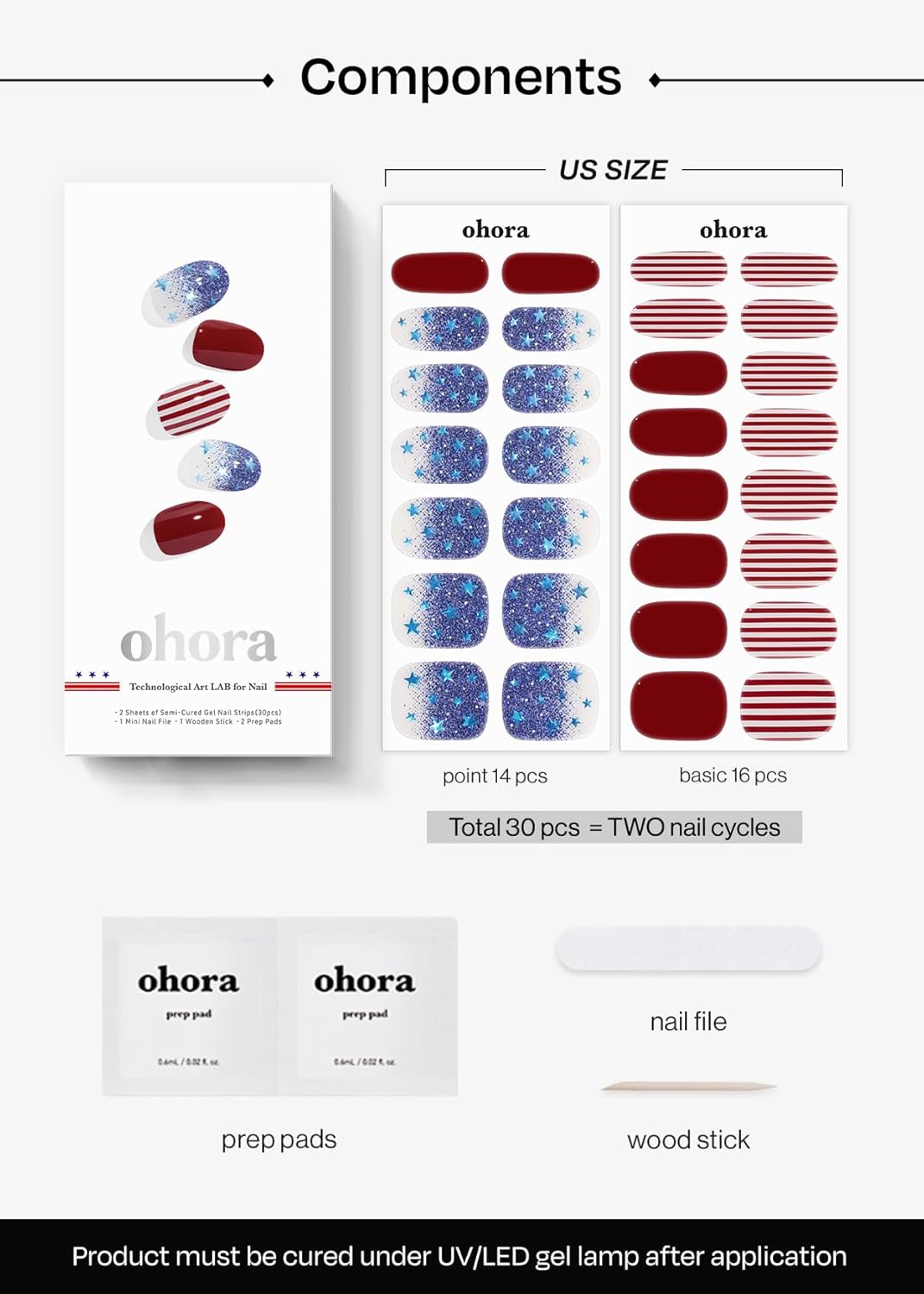 ohora Semi Cured Gel Nail Strips (N Spangled Burst) - Works with Any Lamps, Salon-Quality, Long Lasting, Easy to Apply & Remove - Includes 2 Prep Pads, Nail File & Wooden Stick