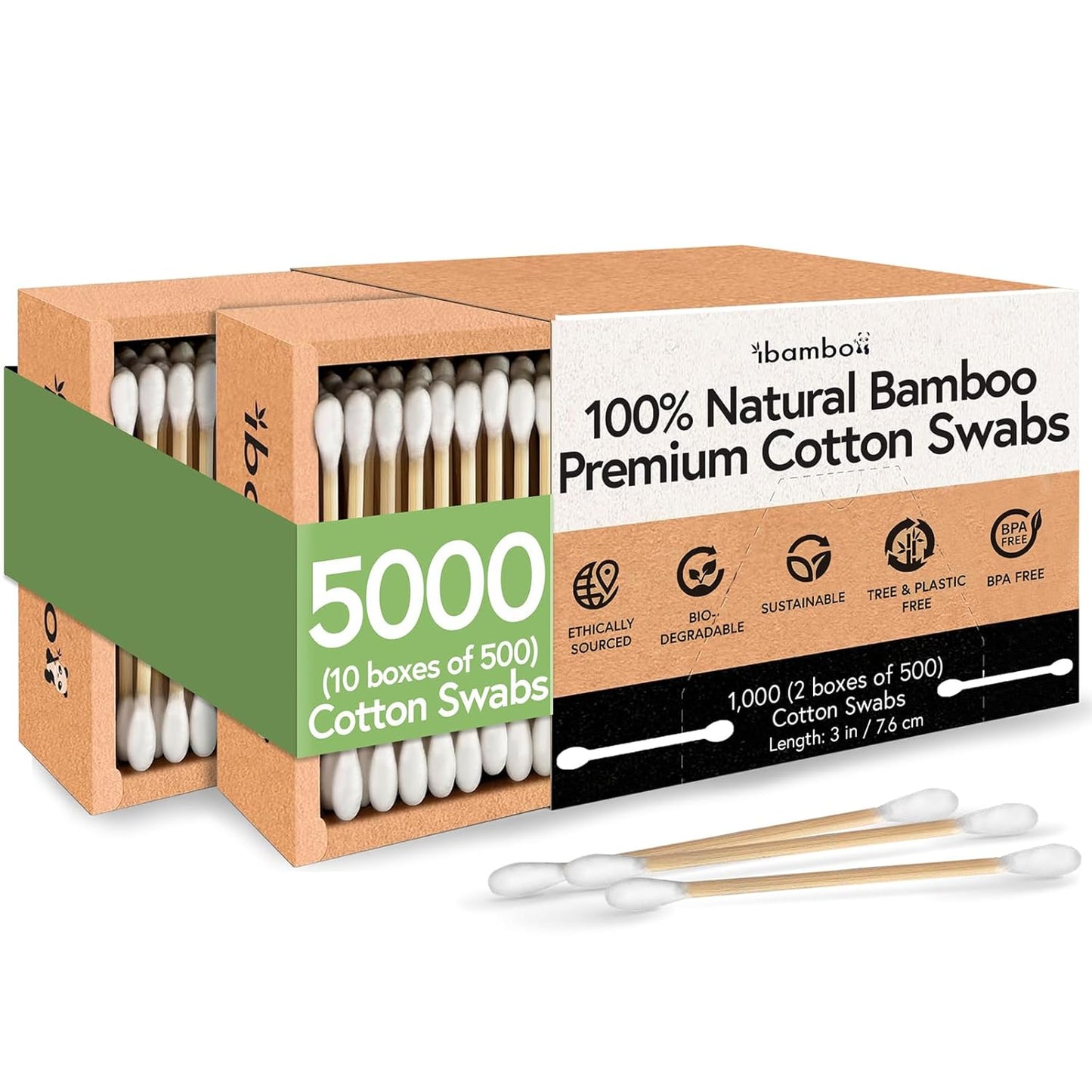 100% Bamboo Ear Cotton Swabs (5000-Pack) | Double Tipped Cotton Buds for Ear | Biodegradable Beauty & Personal Care Items | FSC Certified & Hypoallergenic | For All Ages & Pets
