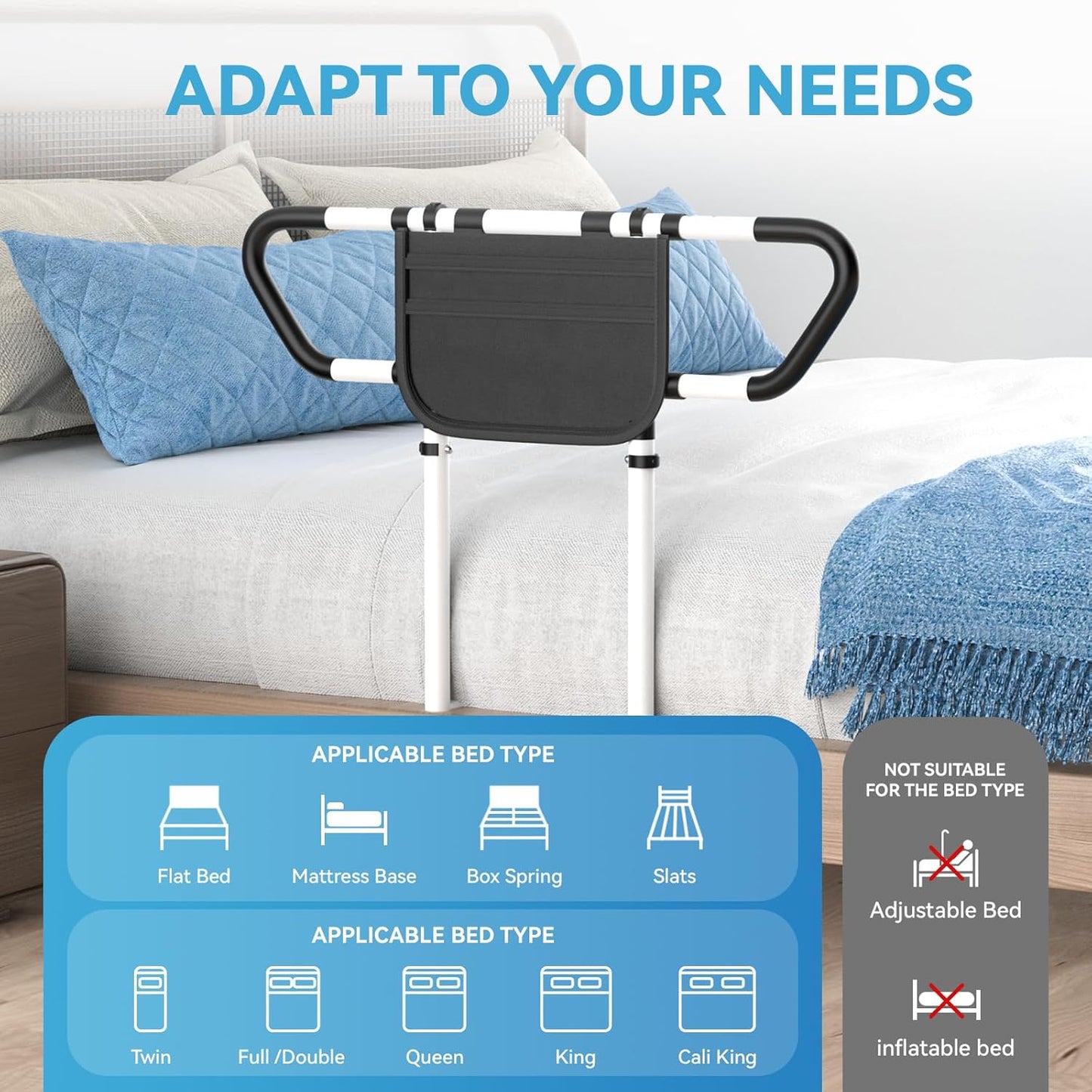 Bed Rails for Elderly Adults Safety, ASTM F3186-17 Certified 400lbs Capacity Adjustable Bed Assist Rail with Storage Bag, Non-Slip Handles - Fits Twin, Full, Queen, King Bed